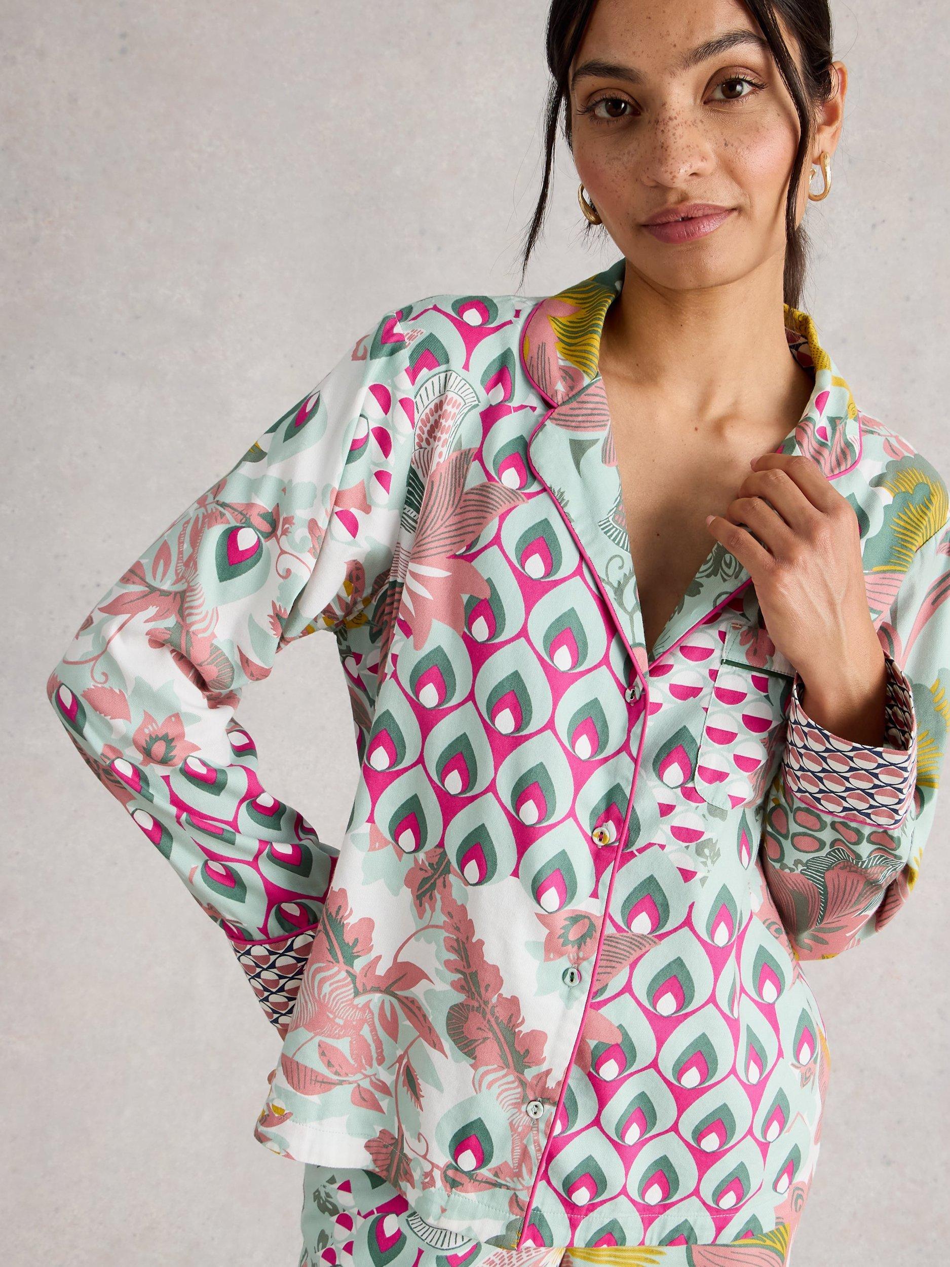 Product image 3 of 6, which shows White Stuff Nina Mixed Print Pyjama Shirt, Green/Multi, L