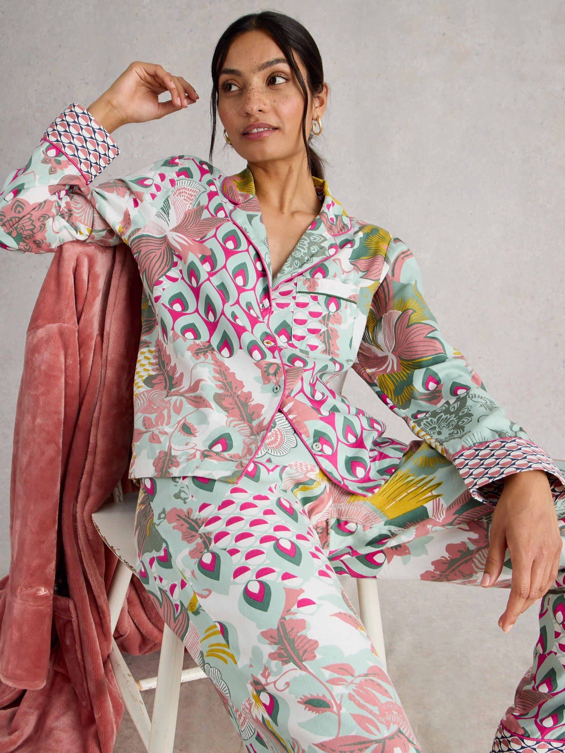 Product image 4 of 6, which shows White Stuff Nina Mixed Print Pyjama Shirt, Green/Multi, L