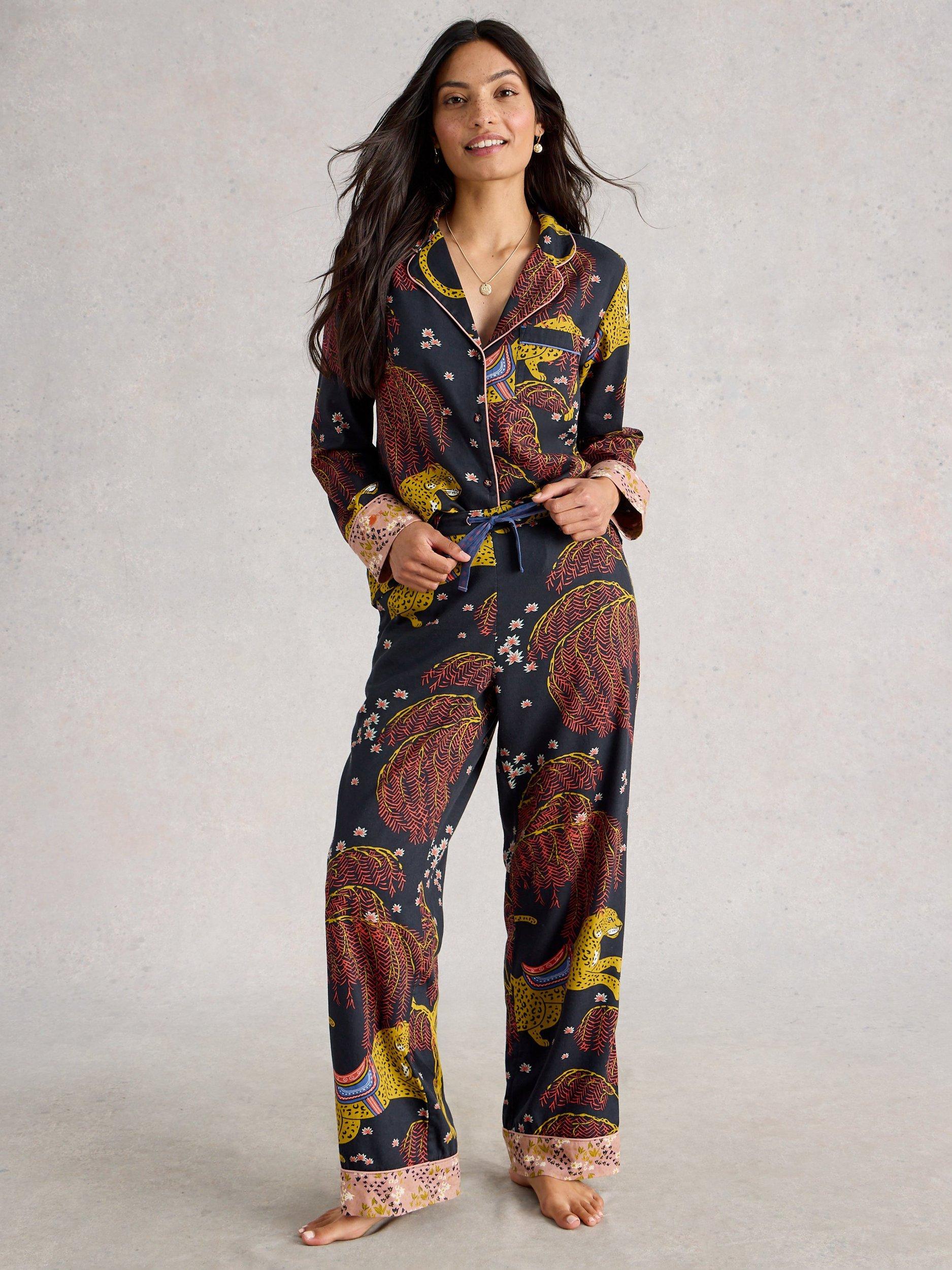 White Stuff Nina Leopards & Leaves Pyjama Bottoms, Black/Multi