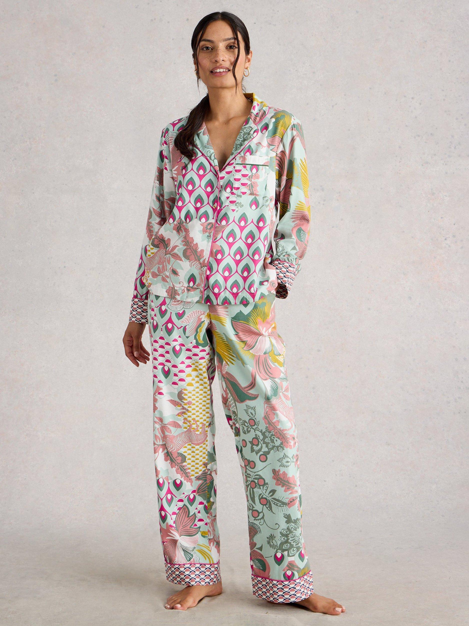 Product image 1 of 6, which shows White Stuff Nina Abstract Floral Pyjama Bottoms, Green/Multi, S Reg