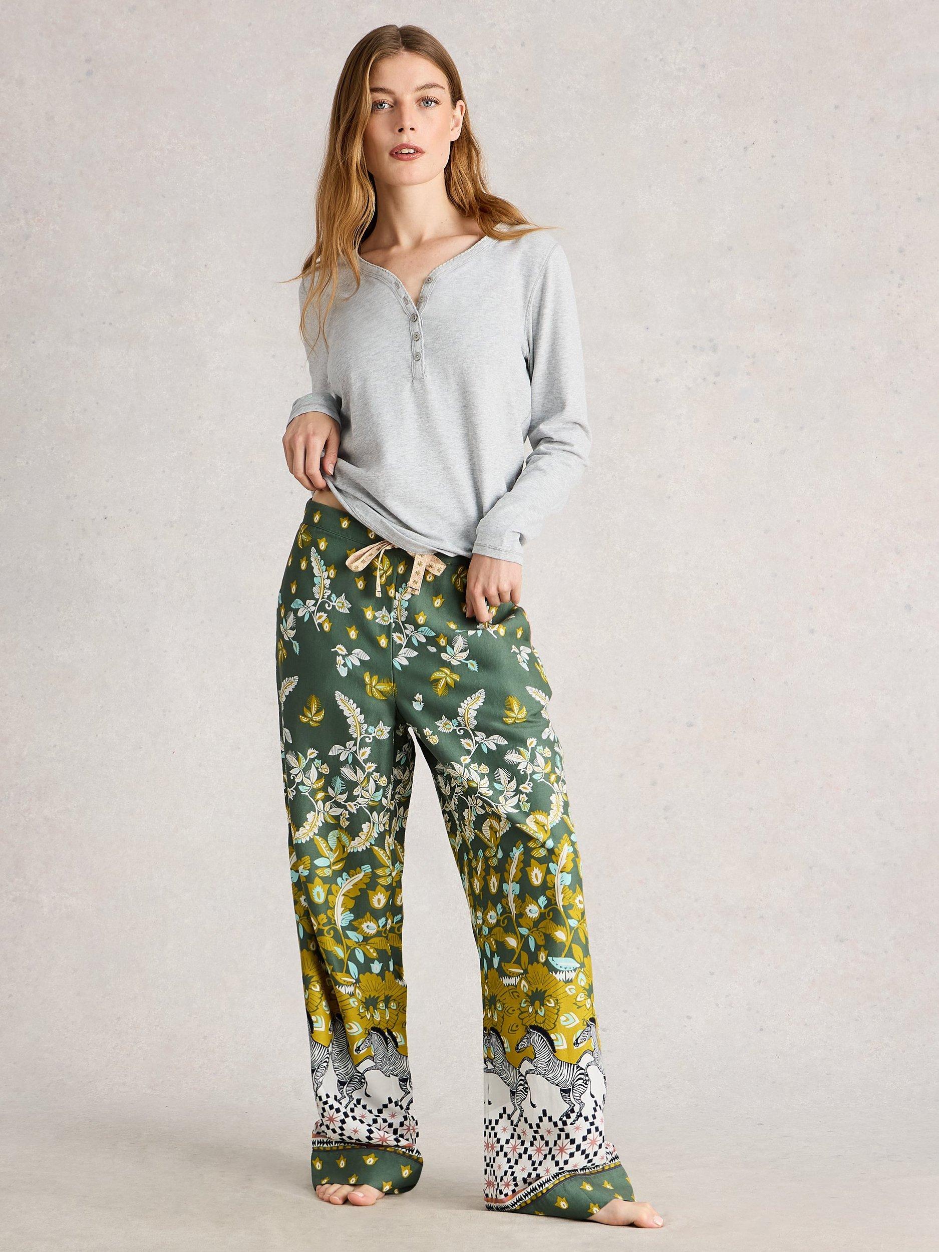 Product image 1 of 6, which shows White Stuff Nina Mixed Print Pyjama Bottoms, Green/Multi, S Reg