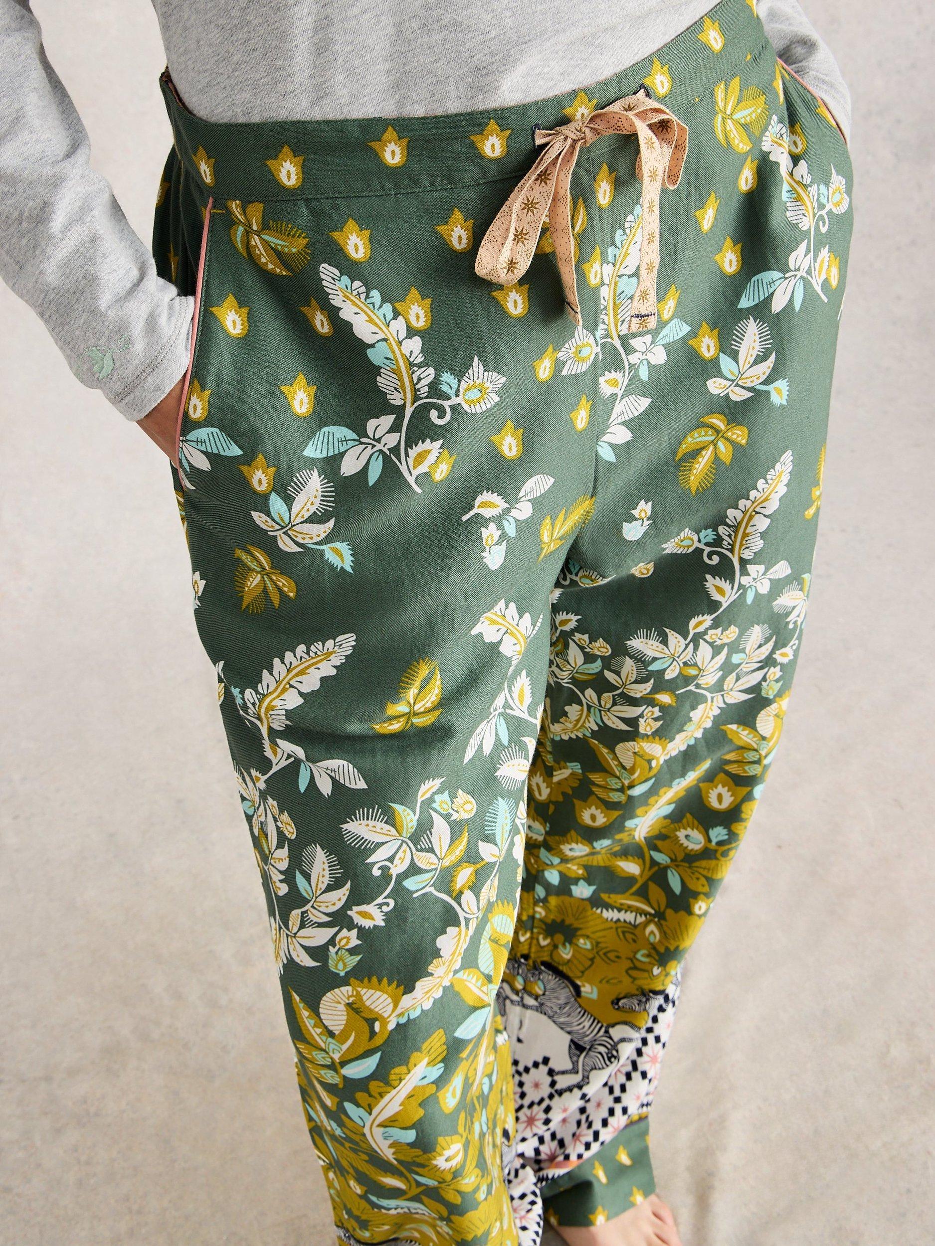 Product image 3 of 6, which shows White Stuff Nina Mixed Print Pyjama Bottoms, Green/Multi, S Reg