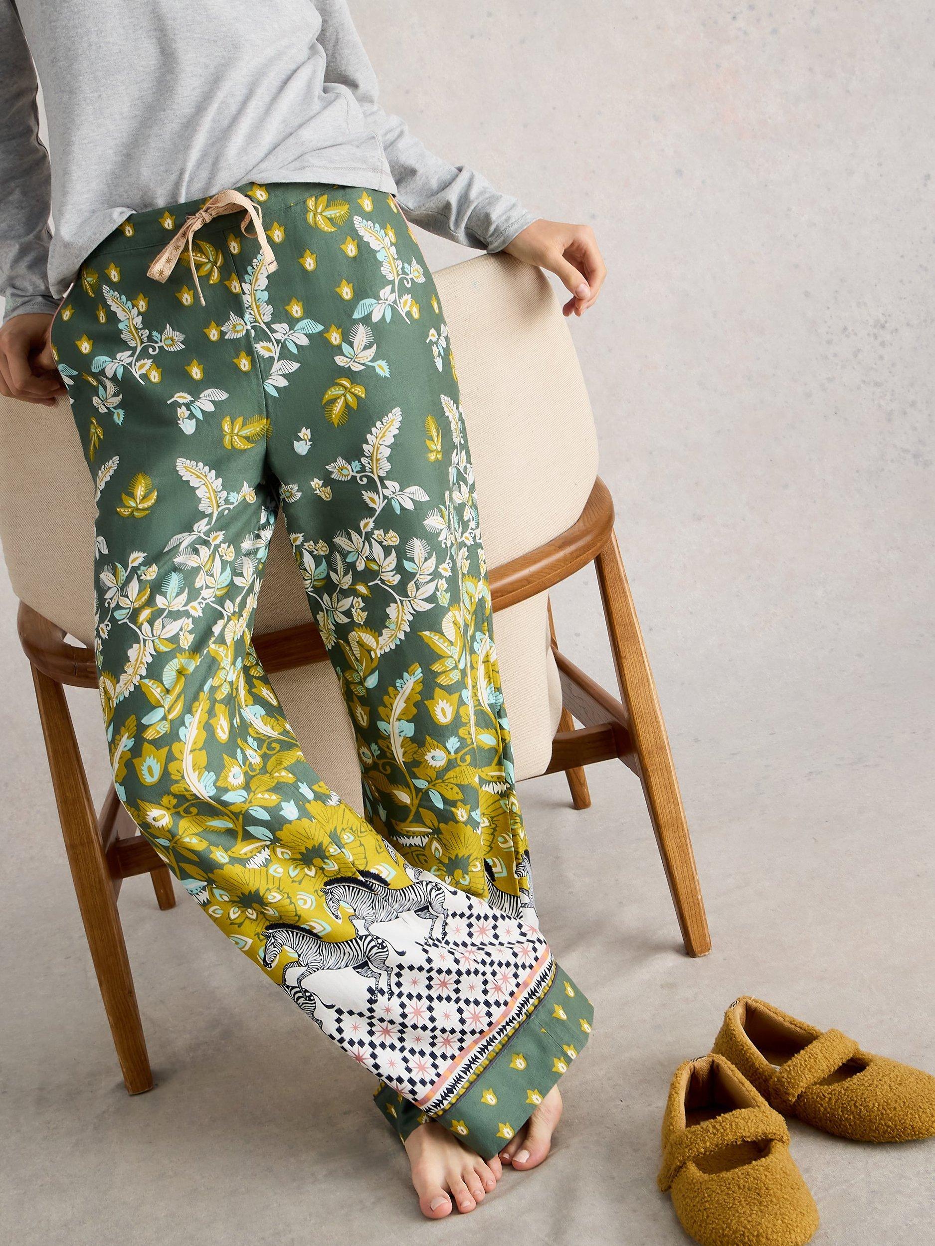 Product image 4 of 6, which shows White Stuff Nina Mixed Print Pyjama Bottoms, Green/Multi, S Reg