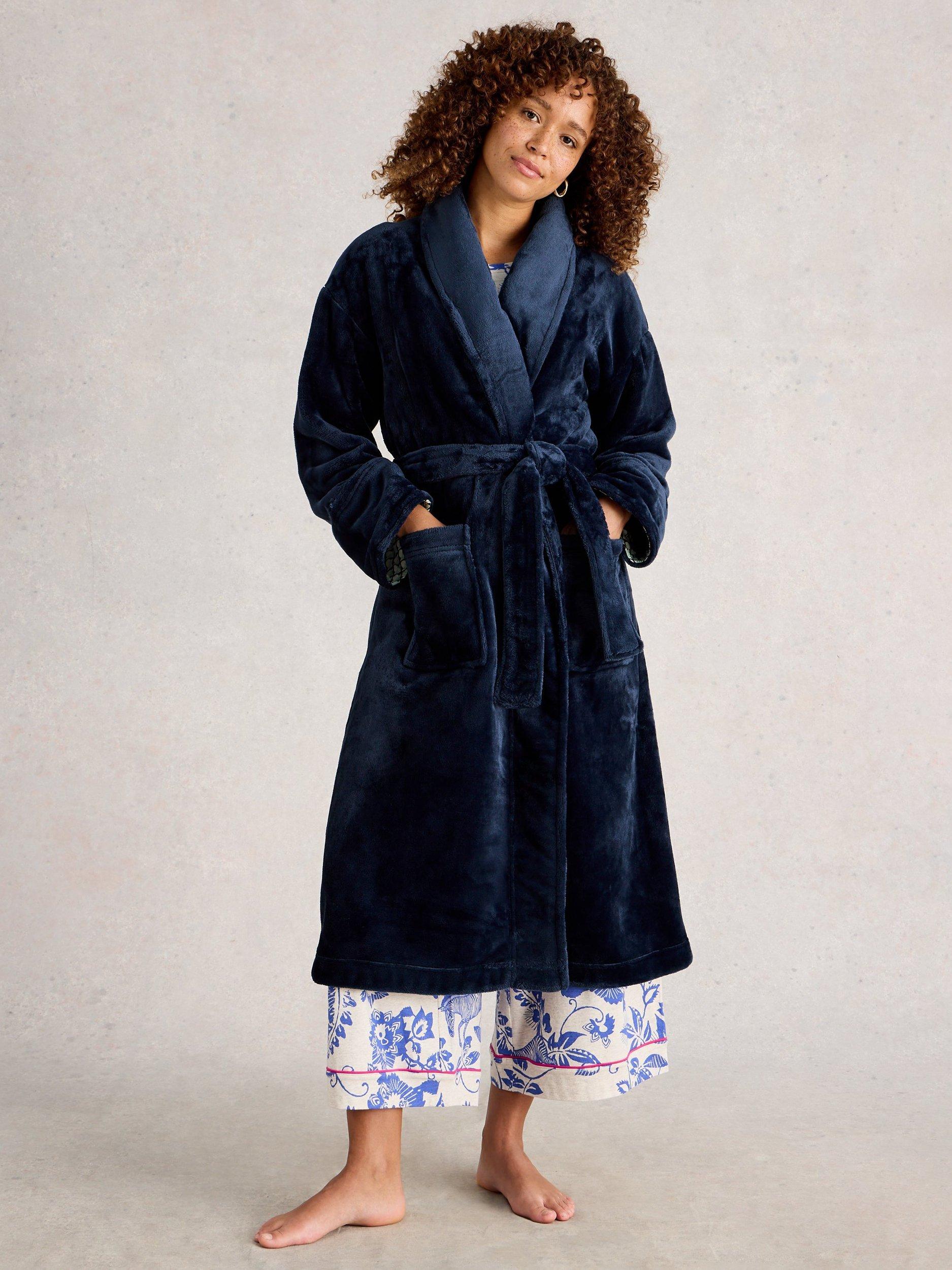 Product image 1 of 6, which shows White Stuff Clover Cosy Shawl Neck Dressing Gown, Blue Midnight, L