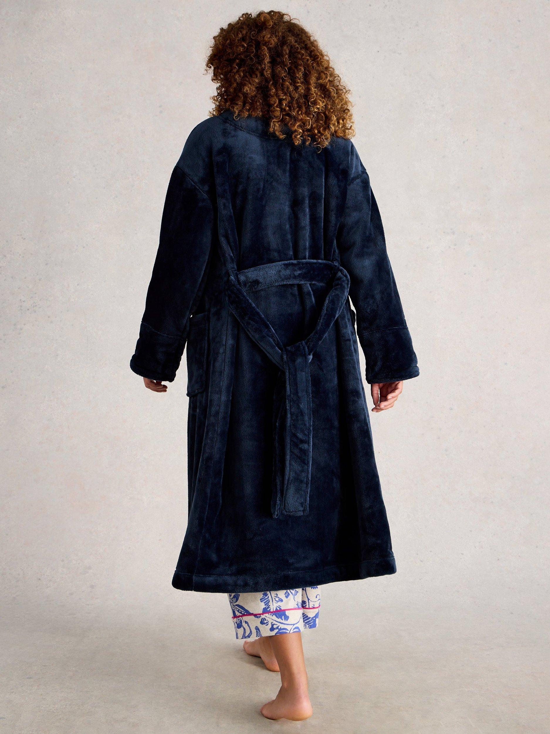 Product image 2 of 6, which shows White Stuff Clover Cosy Shawl Neck Dressing Gown, Blue Midnight, L