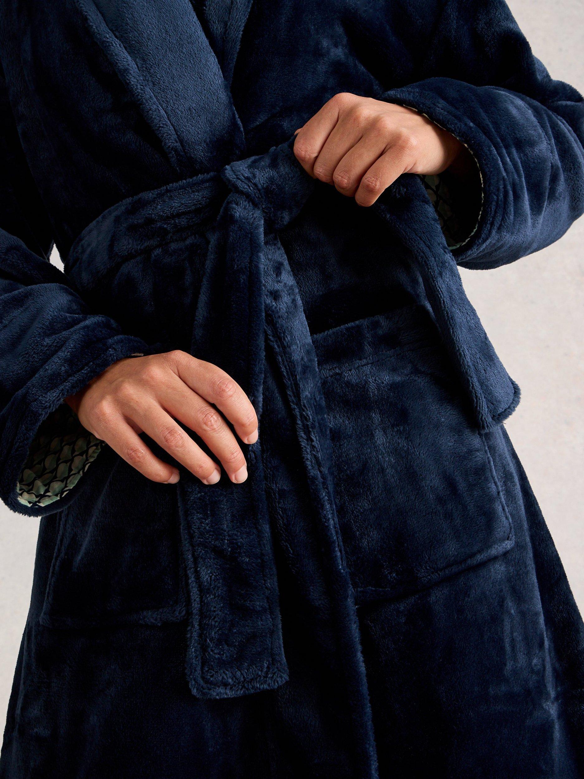 Product image 3 of 6, which shows White Stuff Clover Cosy Shawl Neck Dressing Gown, Blue Midnight, L