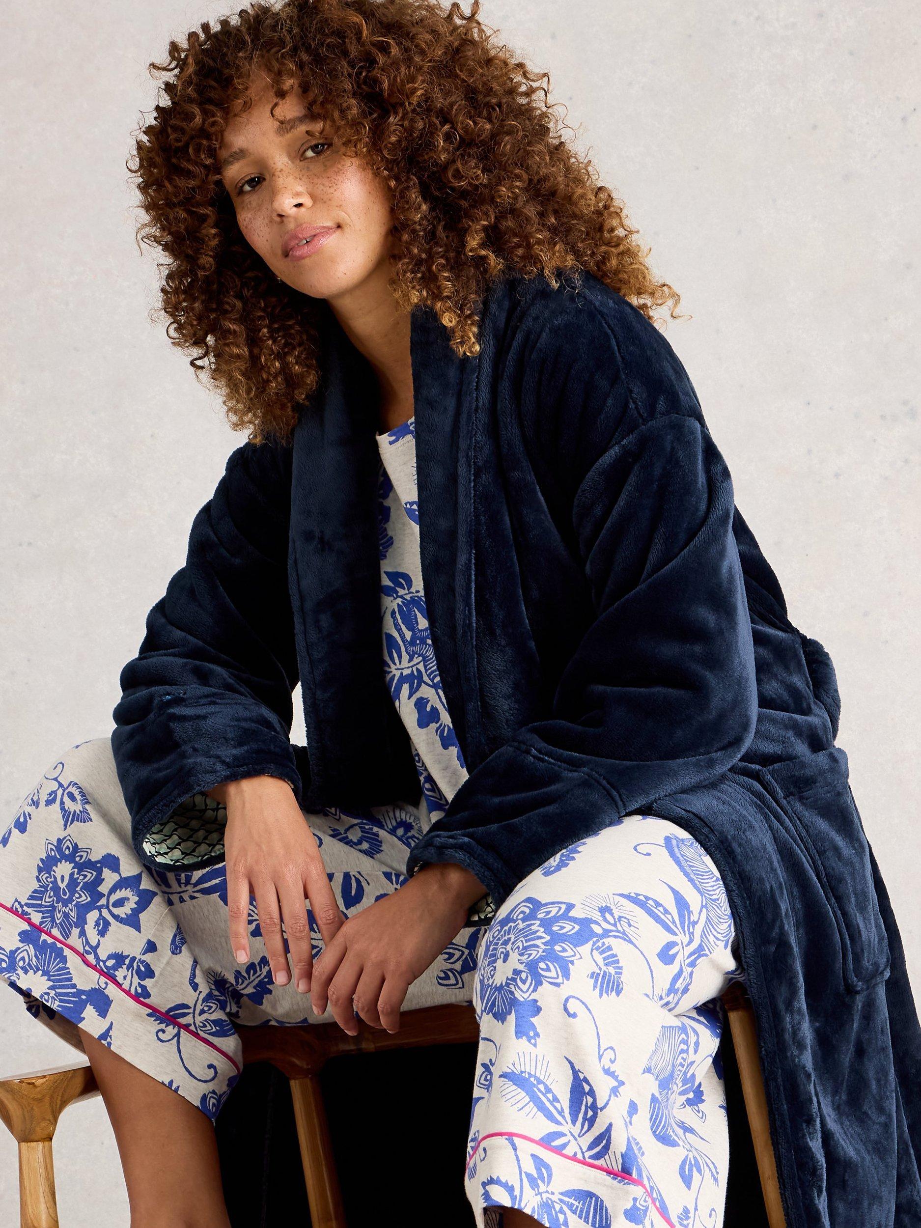 Product image 4 of 6, which shows White Stuff Clover Cosy Shawl Neck Dressing Gown, Blue Midnight, L