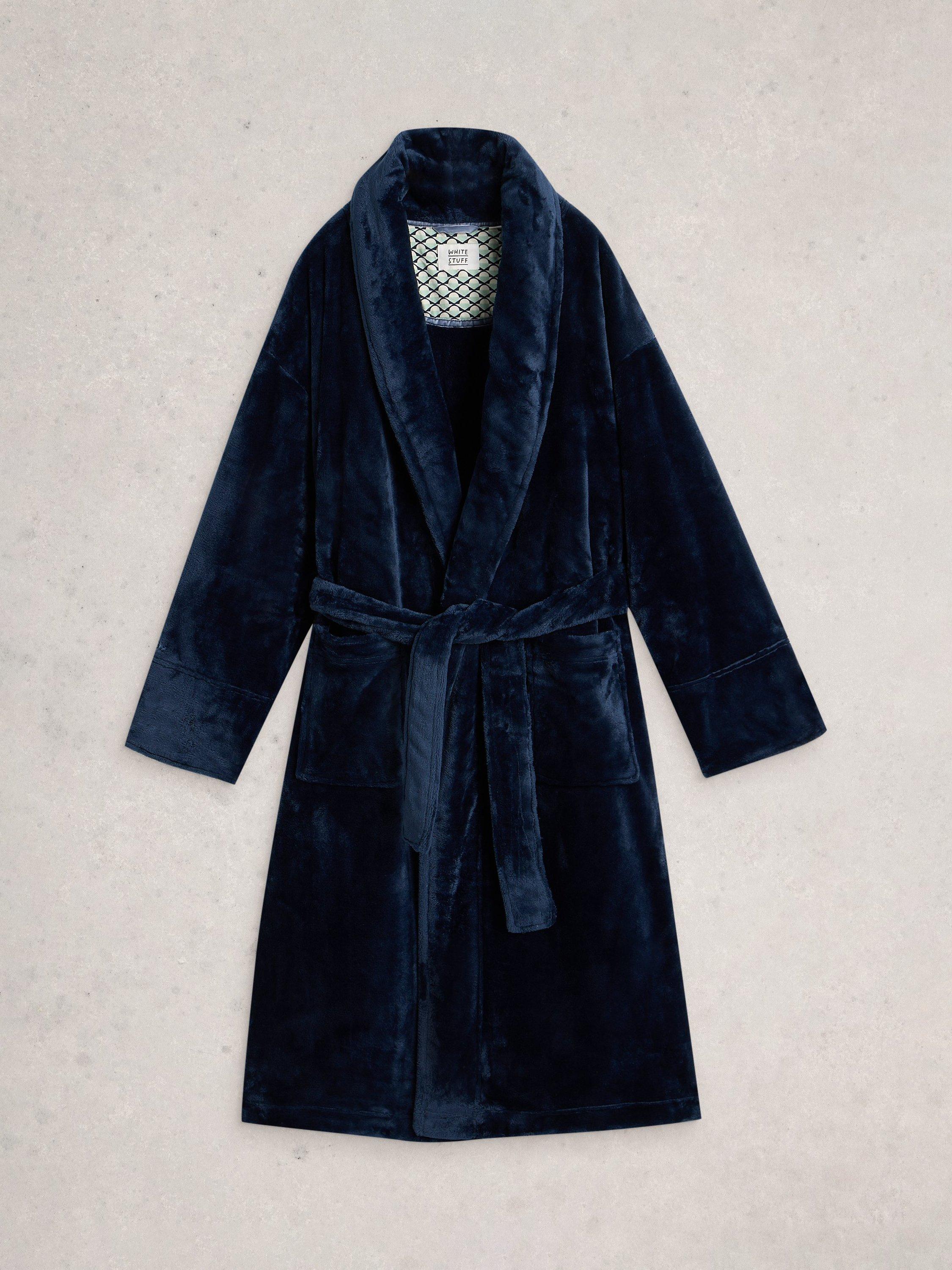 Product image 5 of 6, which shows White Stuff Clover Cosy Shawl Neck Dressing Gown, Blue Midnight, L