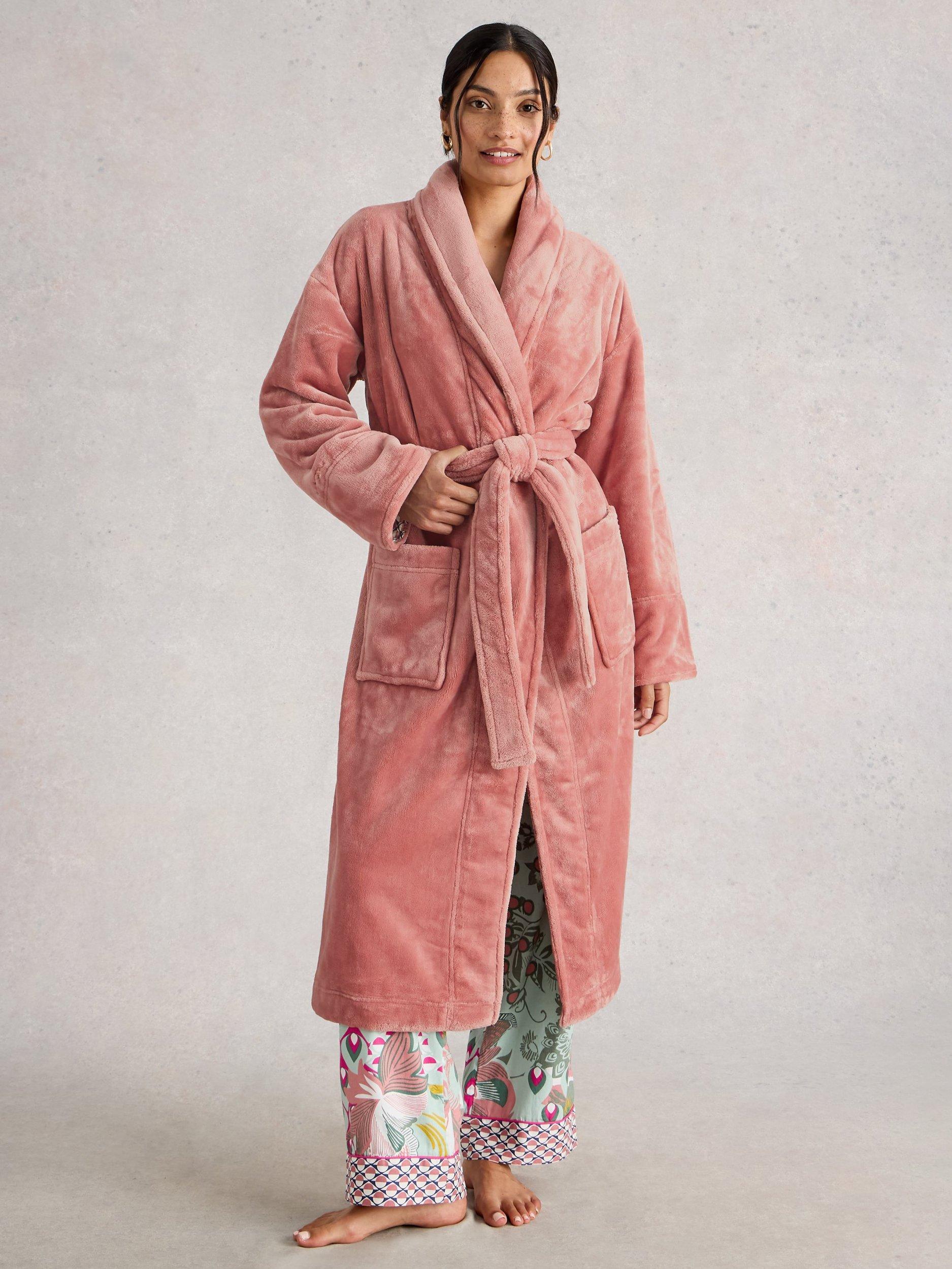 Product image 1 of 7, which shows White Stuff Clover Cosy Shawl Neck Dressing Gown, Light Pink, L
