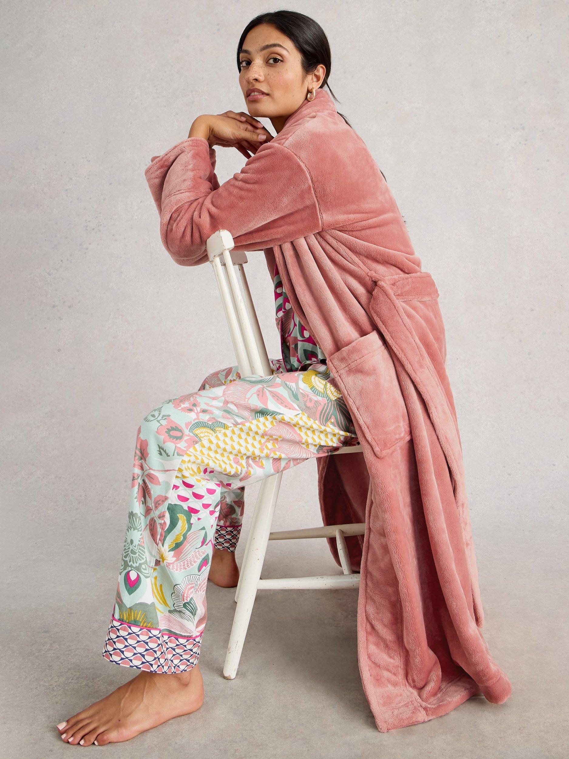 Product image 4 of 7, which shows White Stuff Clover Cosy Shawl Neck Dressing Gown, Light Pink, L