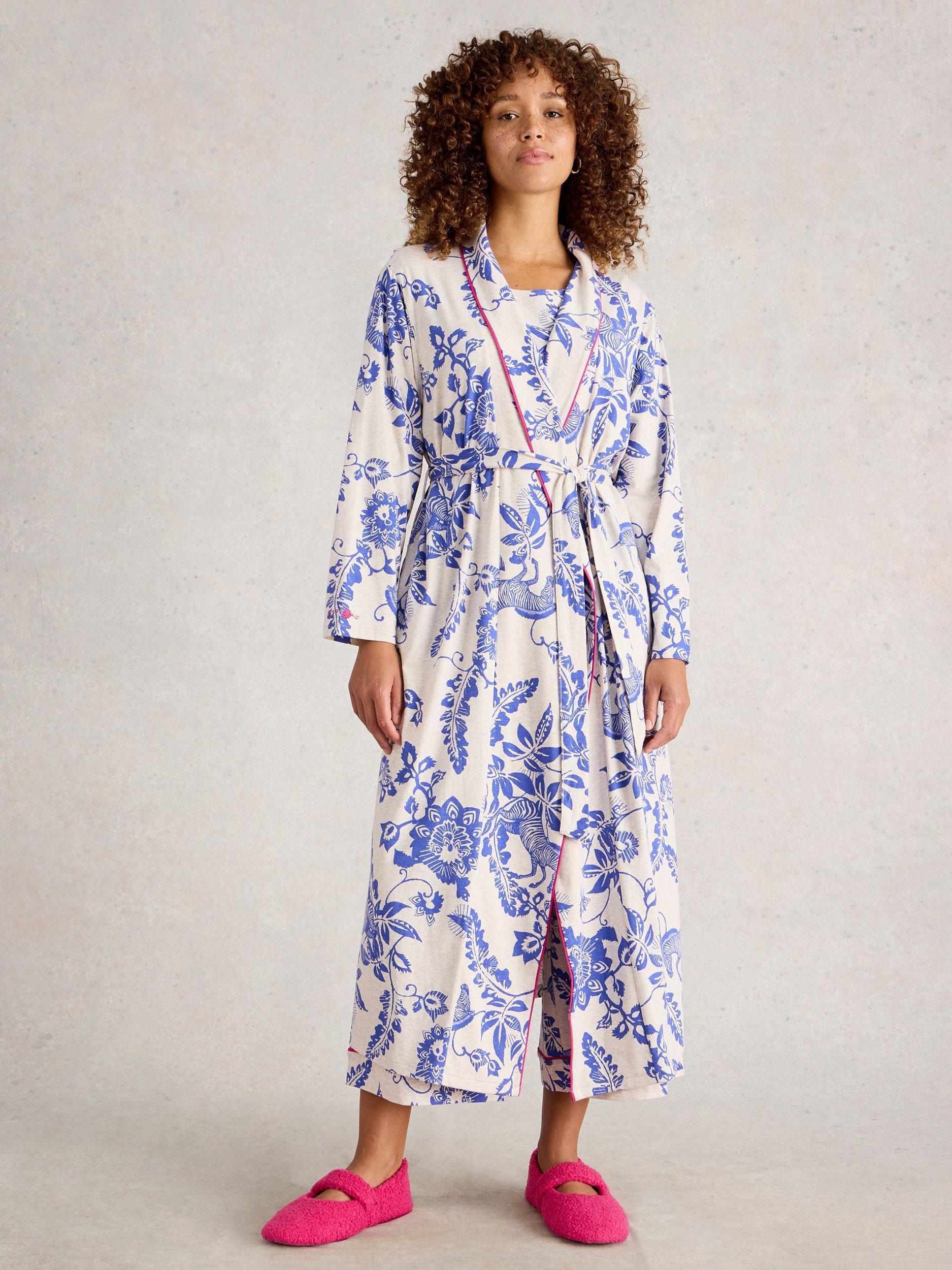 Product image 1 of 6, which shows White Stuff Nina Floral Jersey Dressing Gown, Natural/Multi, L
