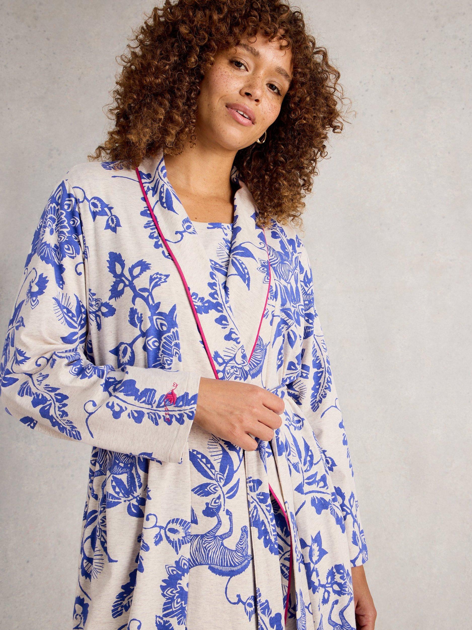 Product image 4 of 6, which shows White Stuff Nina Floral Jersey Dressing Gown, Natural/Multi, L
