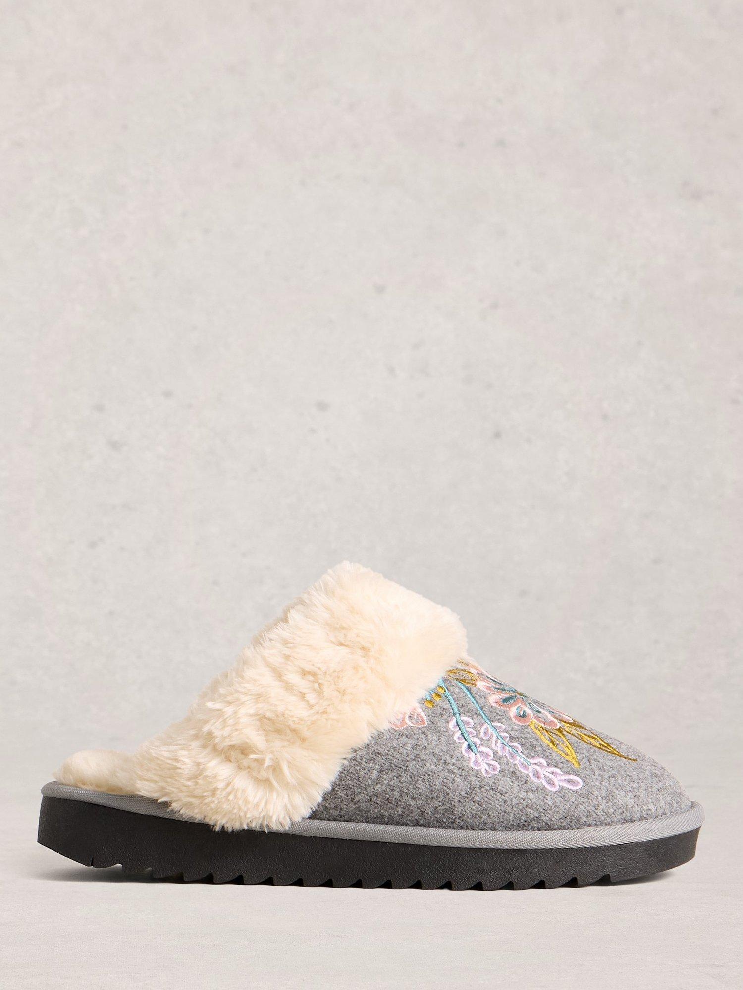 White Stuff Floral Mule Slippers, Light Grey