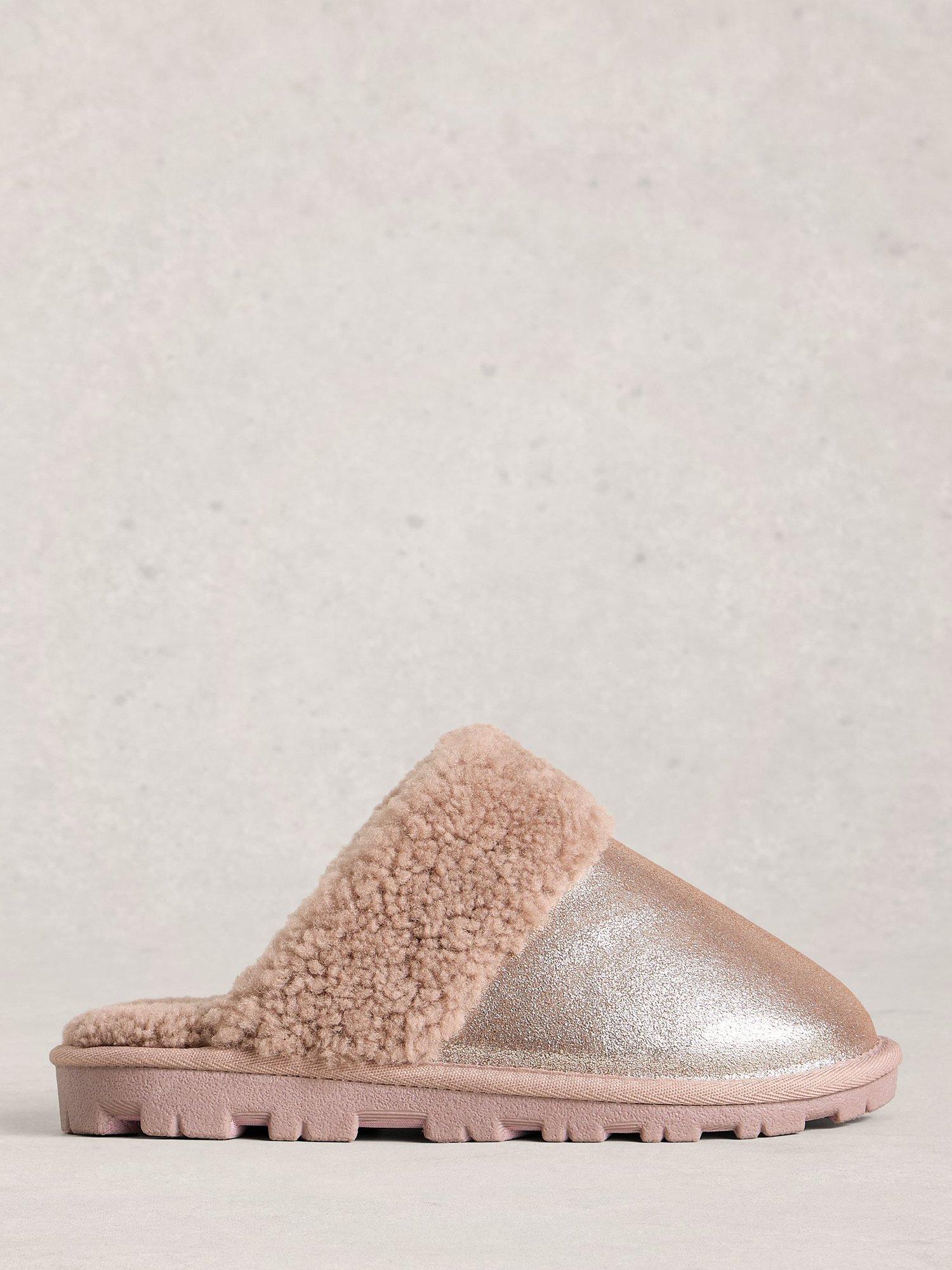 Product image 1 of 4, which shows White Stuff Shearling Suede Mule Slippers, Rose Gold, M