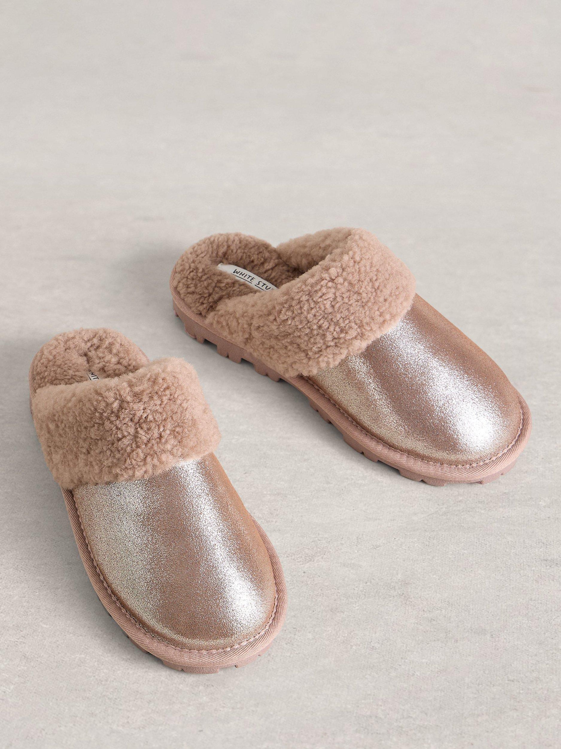 Product image 4 of 4, which shows White Stuff Shearling Suede Mule Slippers, Rose Gold, M