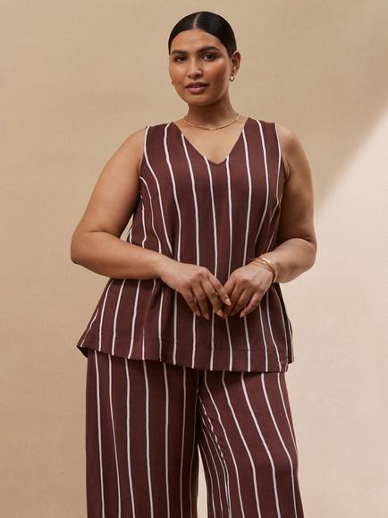 Live Unlimited Curve Stripe V-Neck Top, Brown/Multi, Brown/Multi