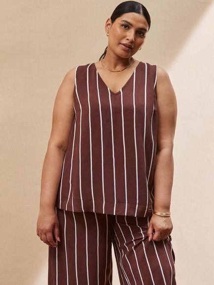 Live Unlimited Curve Stripe V-Neck Top, Brown/Multi - view 2, Brown/Multi