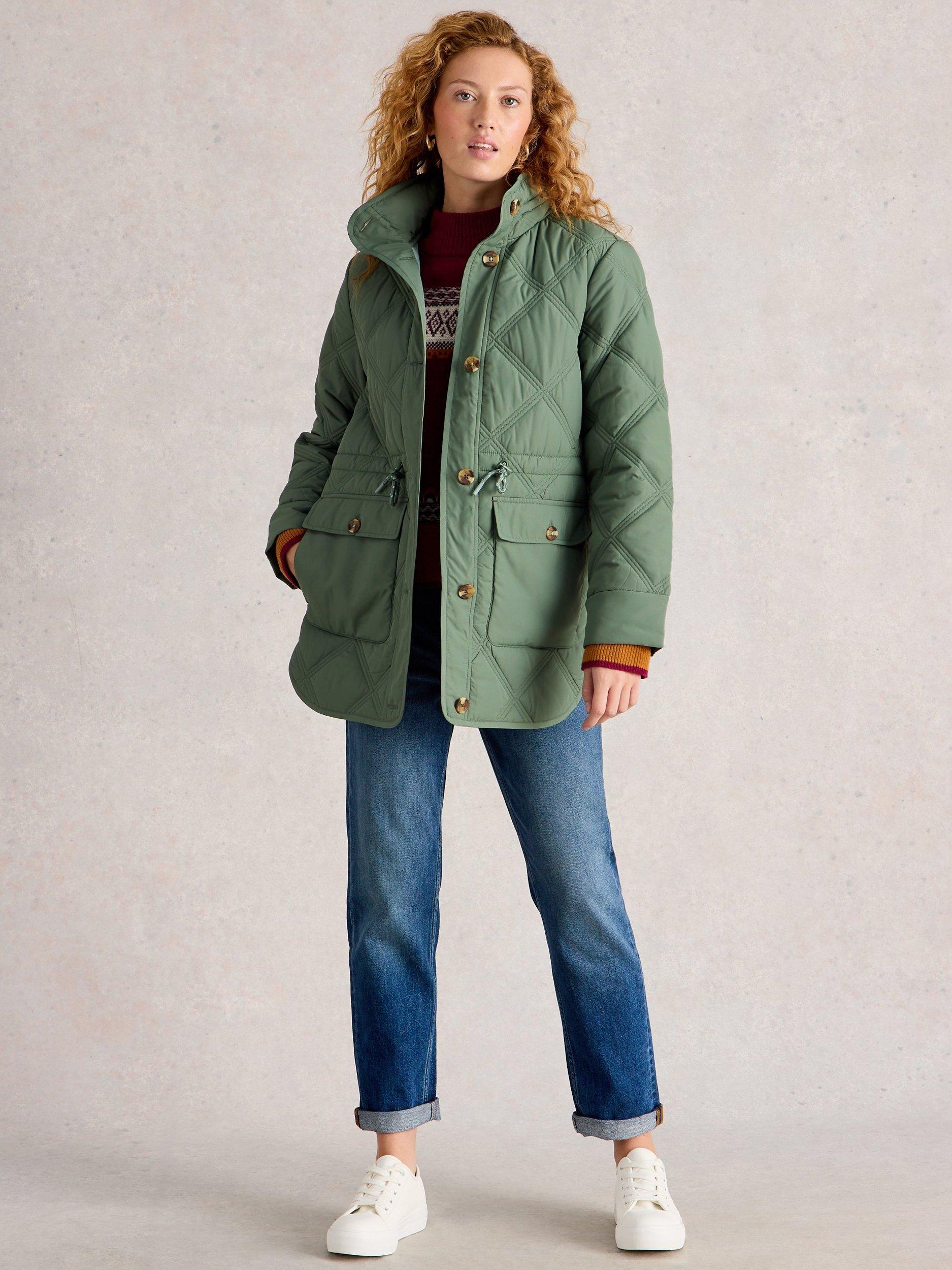 Product image 1 of 6, which shows White Stuff Edie Quilted Coat, Dusty Green, 6
