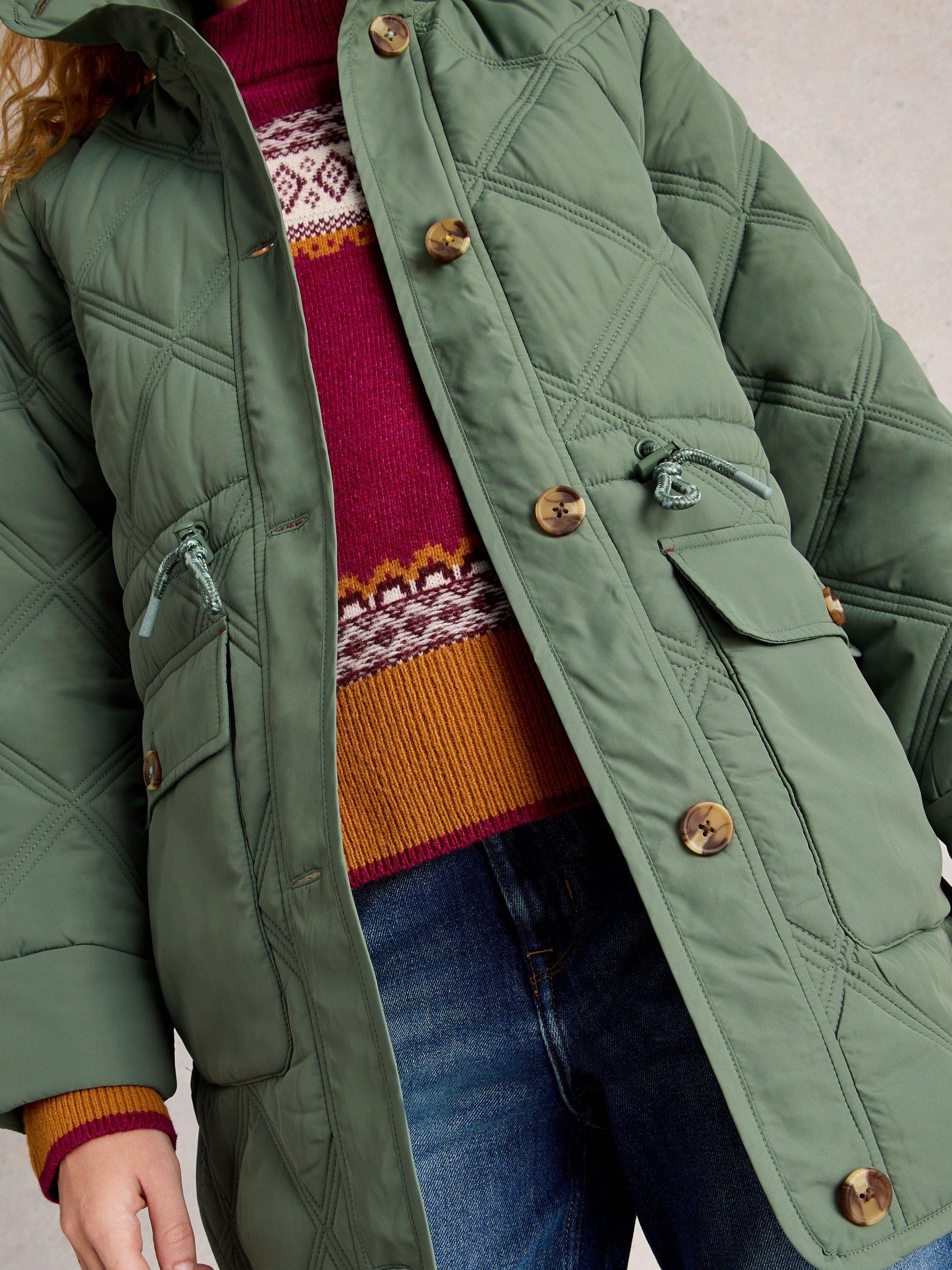 Product image 3 of 6, which shows White Stuff Edie Quilted Coat, Dusty Green, 6