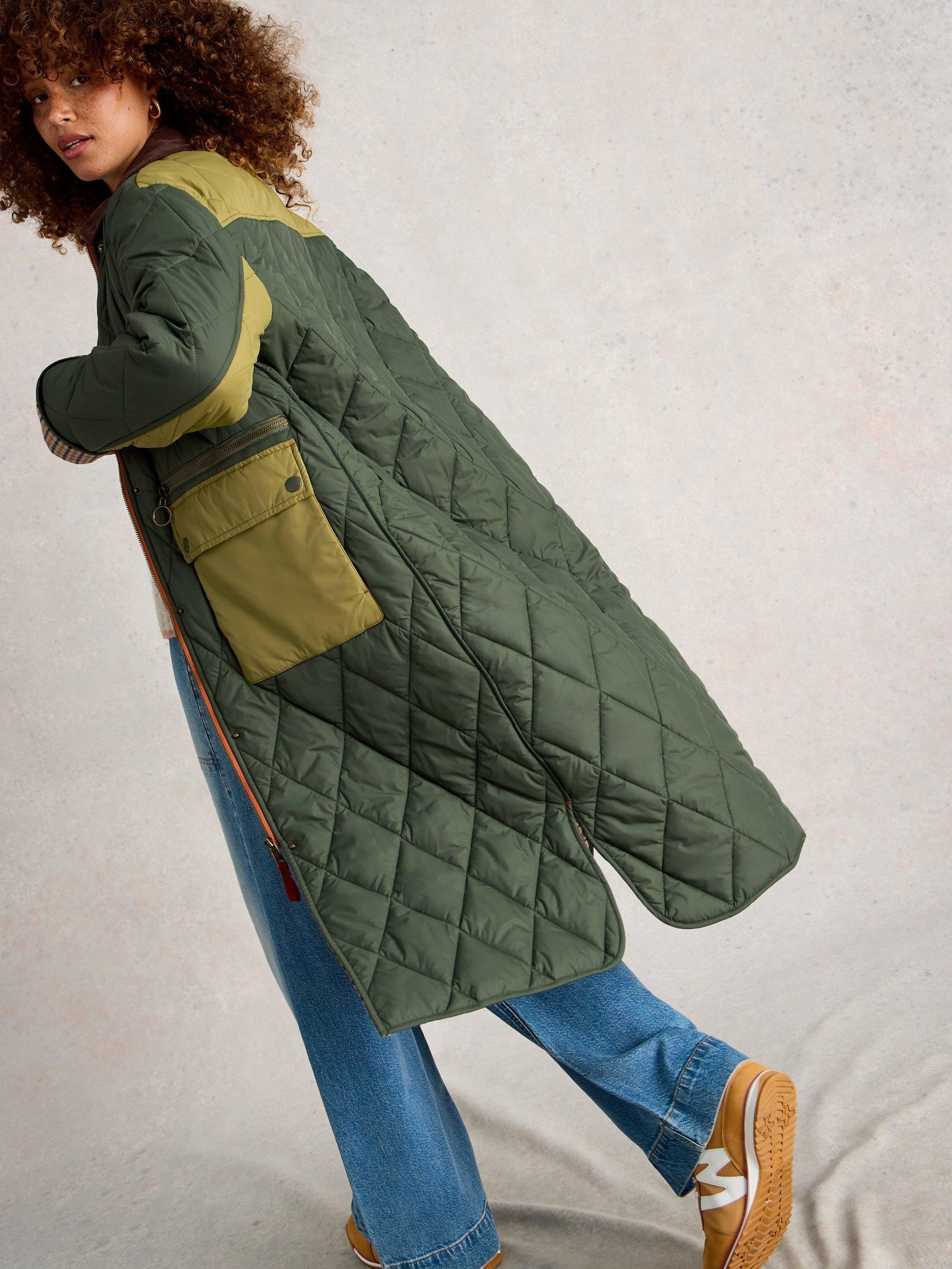 Product image 2 of 7, which shows White Stuff Stella Longline Quilted Coat, Dark Green, 12