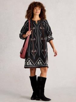 White Stuff Aurora Cotton Dress Embroidered Mini Smock Dress, Black/Multi