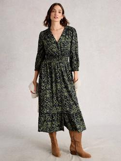 White Stuff Jonie Shirred Organic Cotton Dress, Green