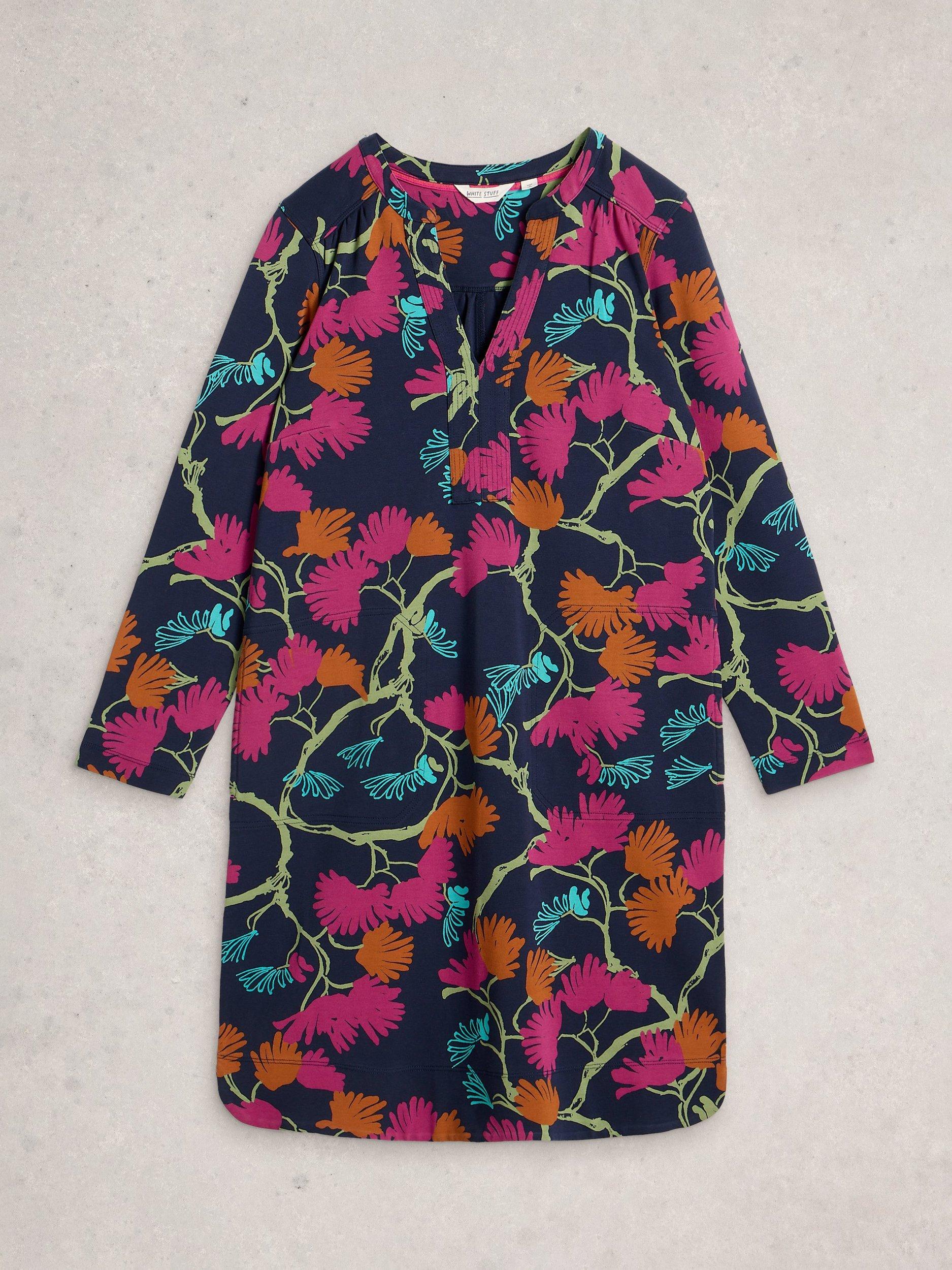 Product image 5 of 6, which shows White Stuff June Knee Length Long Sleeve Cotton Dress, Navy/Multi, 6