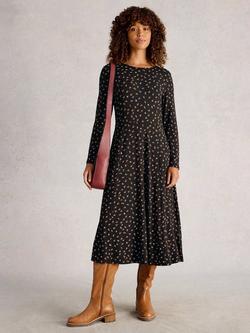 White Stuff Madeline Cotton Blend Long Sleeved Knee Length Dress, Black, Black