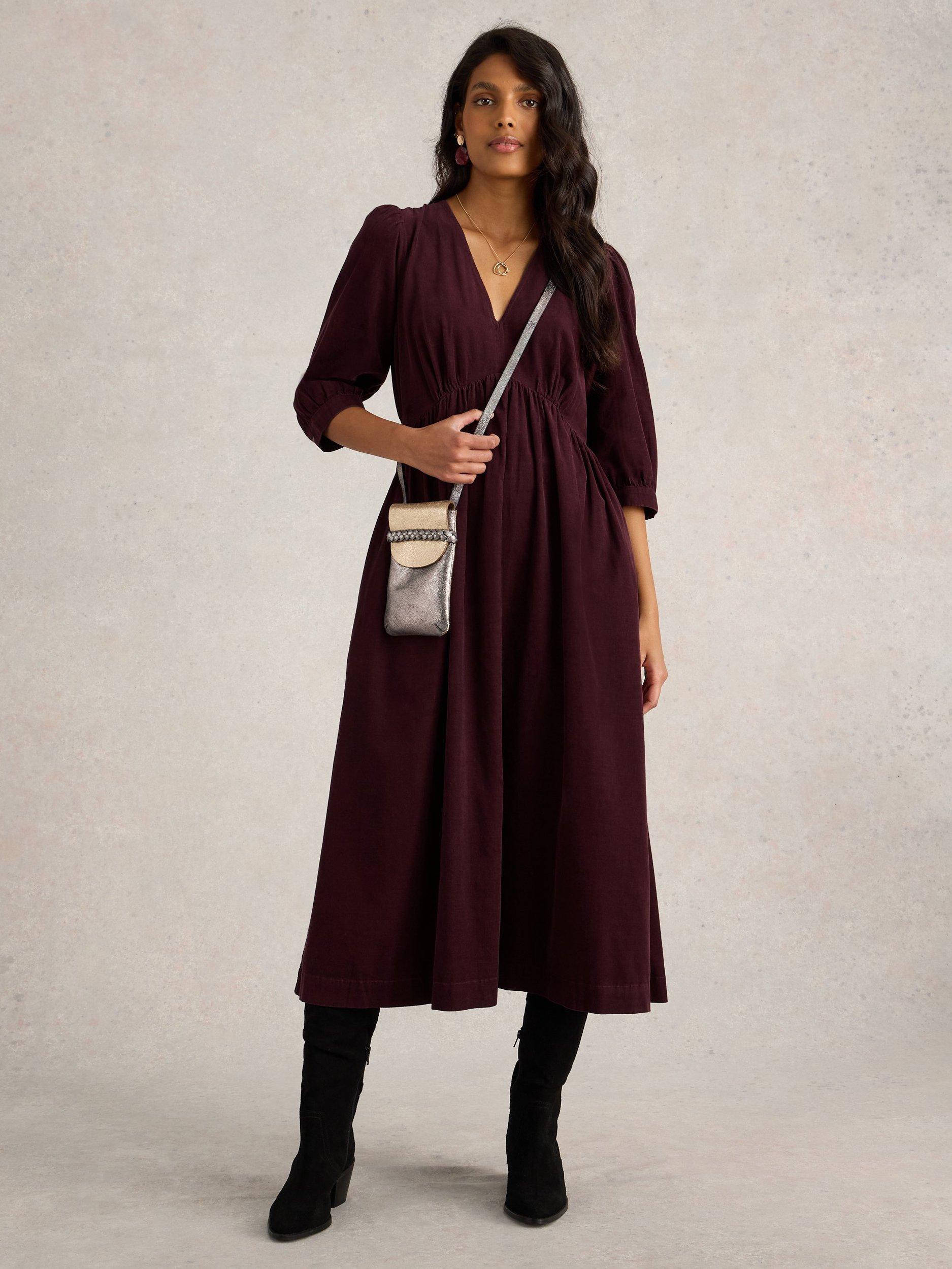 Product image 1 of 6, which shows White Stuff Lucy Corduroy Midi Dress, Dark Plum, 10
