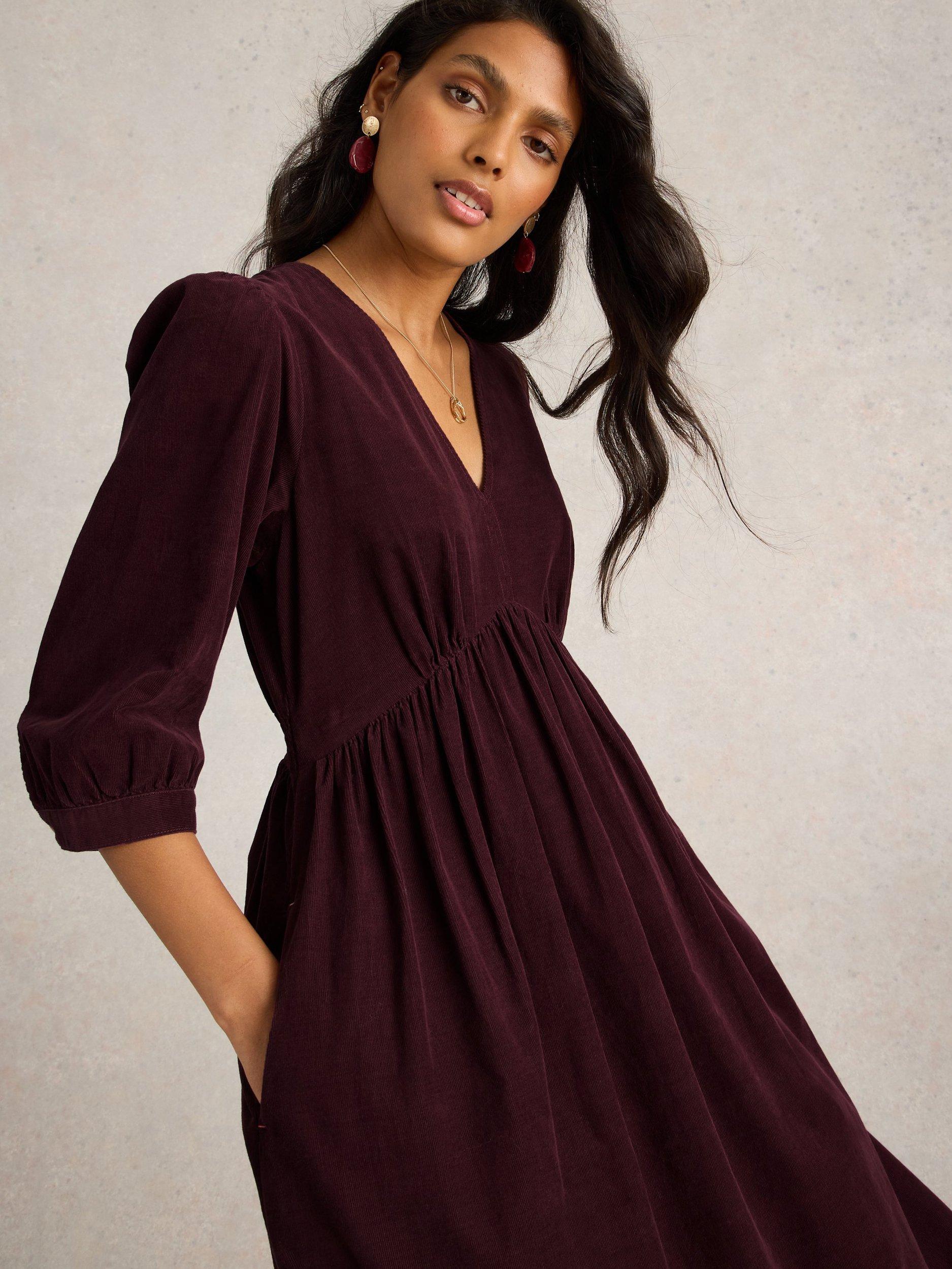 Product image 3 of 6, which shows White Stuff Lucy Corduroy Midi Dress, Dark Plum, 10