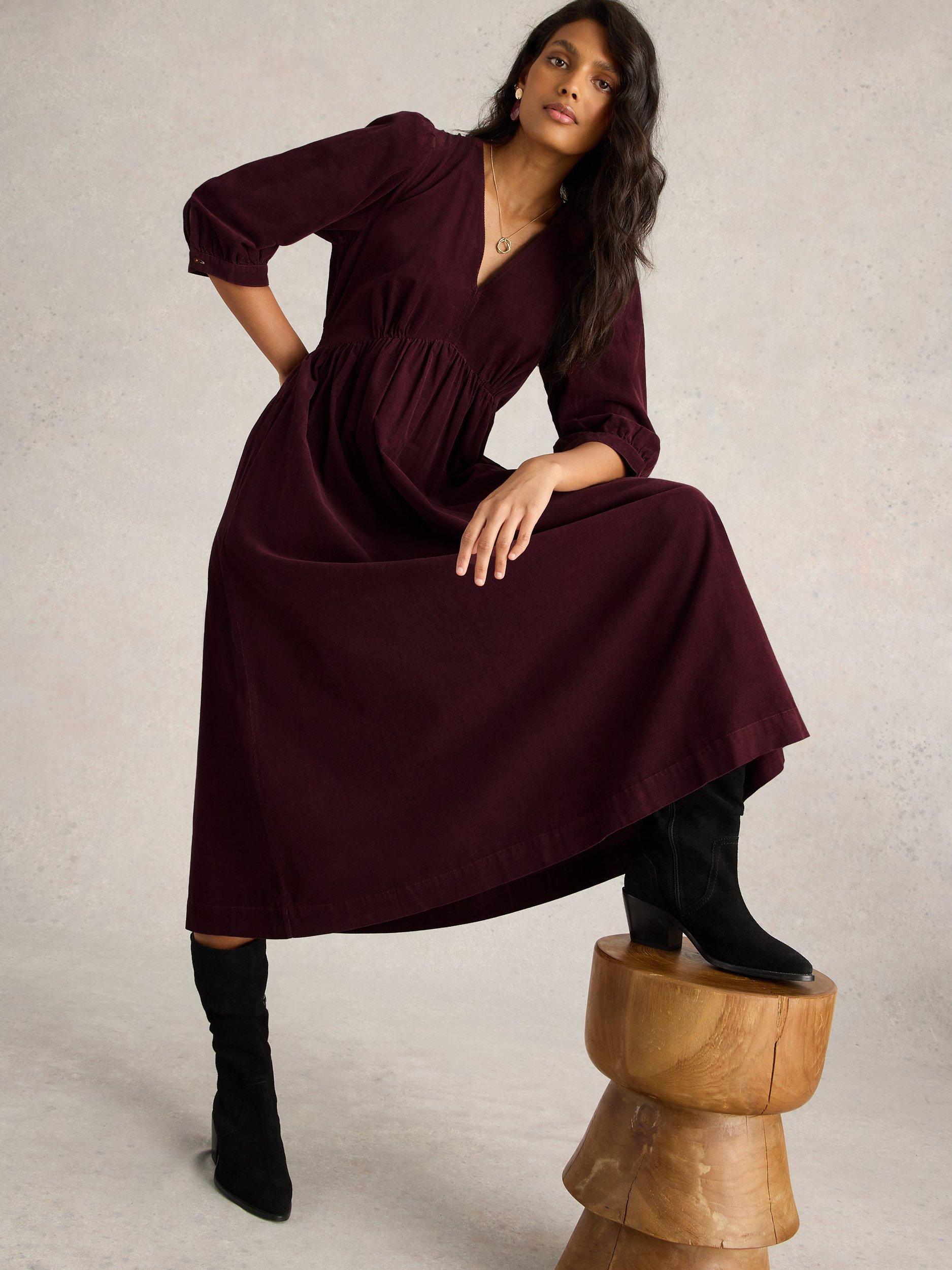 Product image 4 of 6, which shows White Stuff Lucy Corduroy Midi Dress, Dark Plum, 10