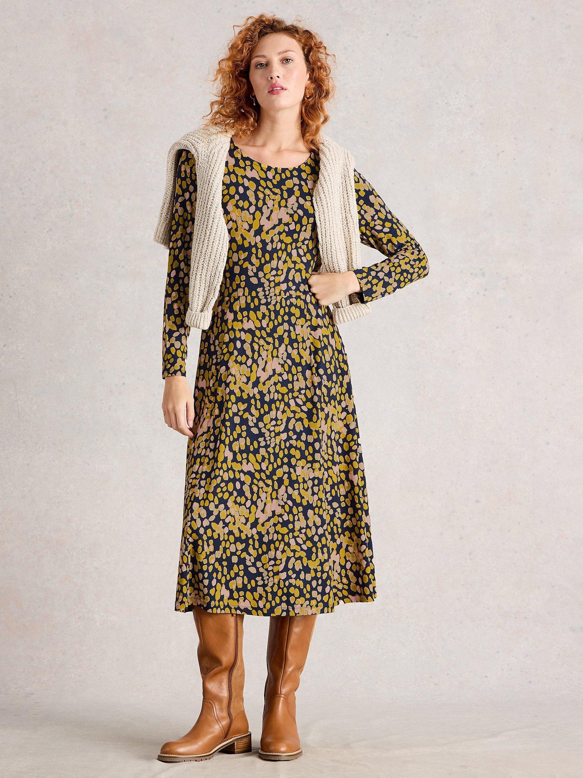 Product image 1 of 6, which shows White Stuff Madeline Cotton Blend Long Sleeved Knee Dress, Chartreuse/Multi, 6