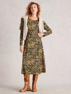 White Stuff Madeline Cotton Blend Long Sleeved Knee Dress, Chartreuse/Multi, Chartreuse/Multi
