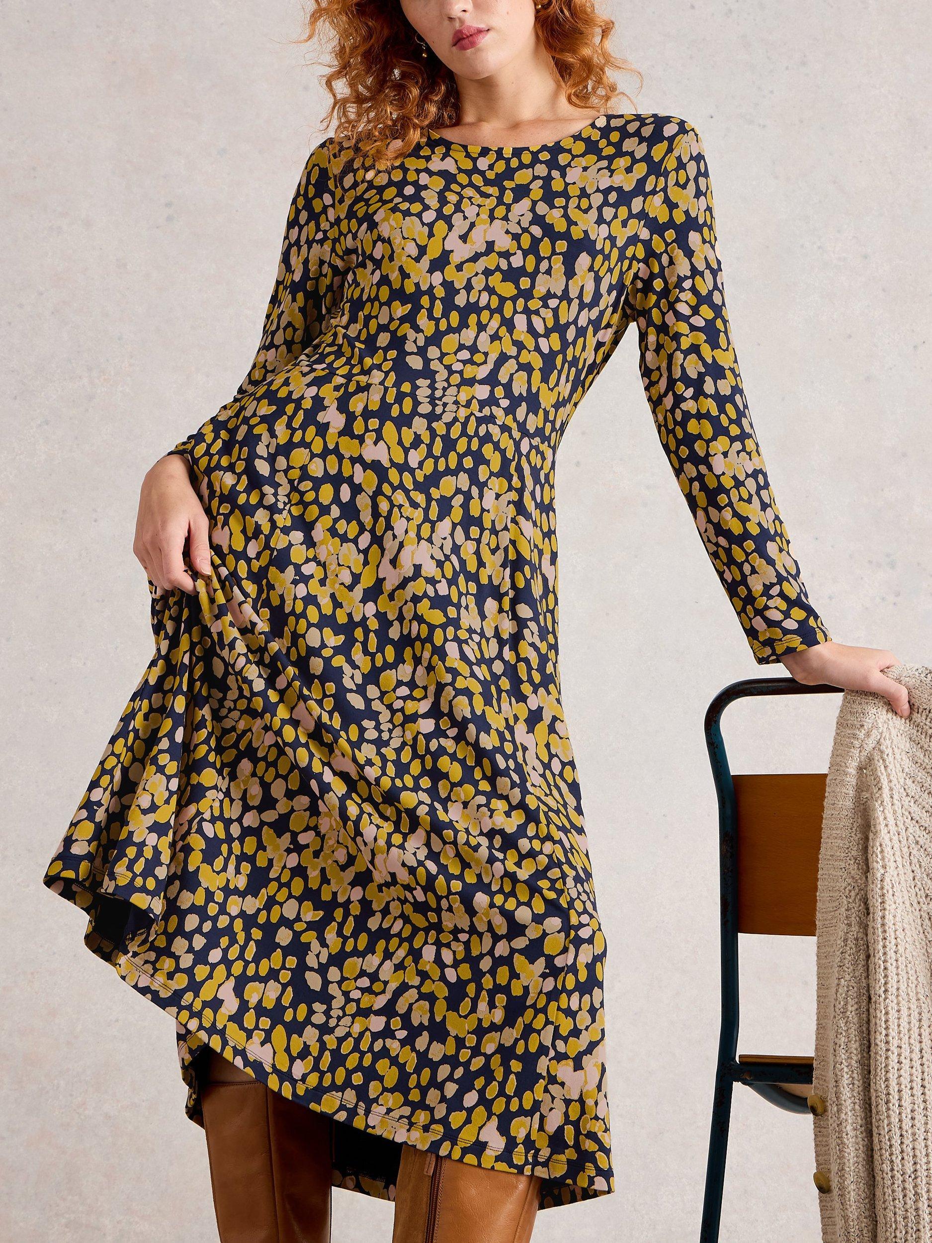 Product image 3 of 6, which shows White Stuff Madeline Cotton Blend Long Sleeved Knee Dress, Chartreuse/Multi, 6