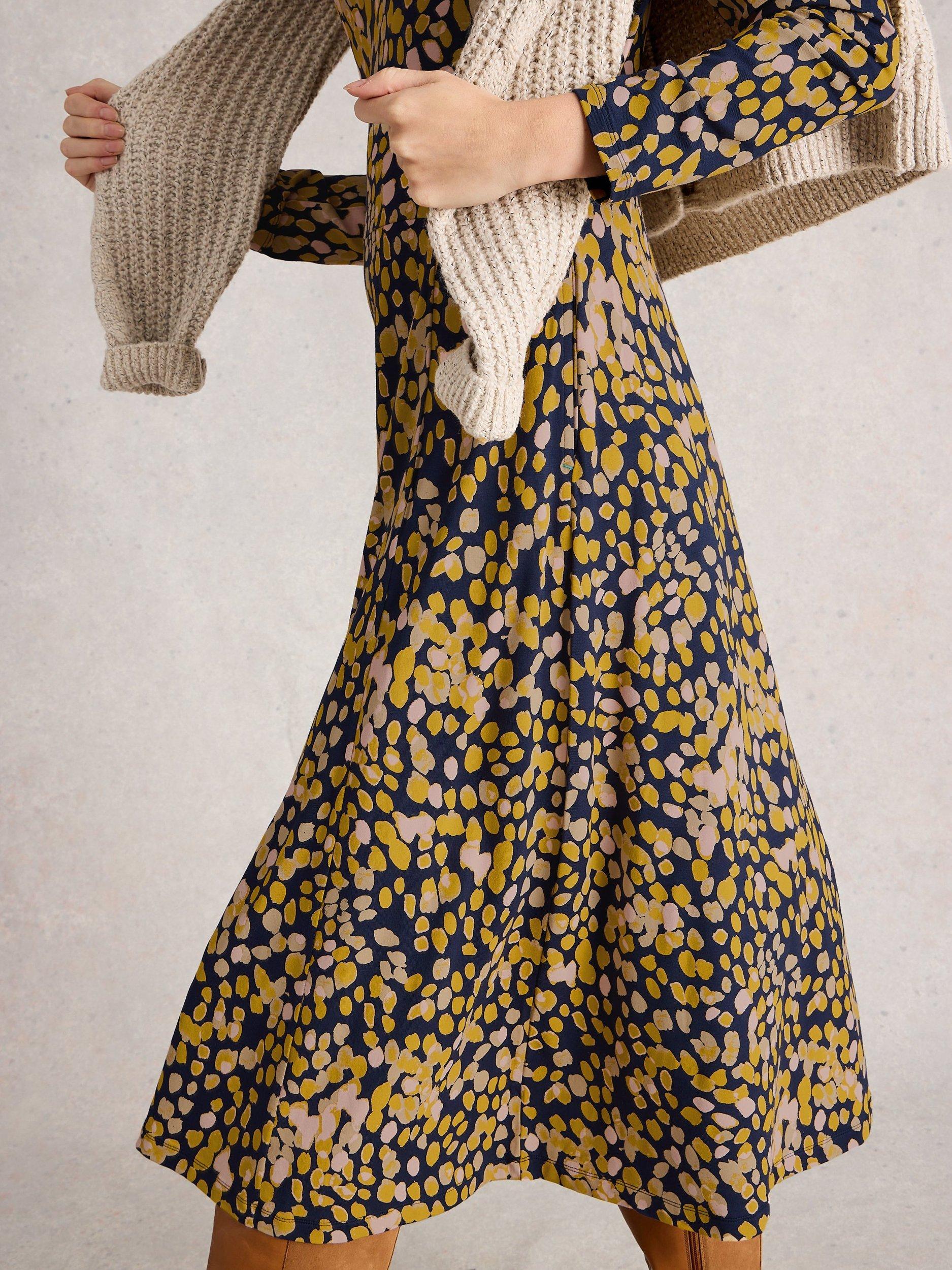 Product image 4 of 6, which shows White Stuff Madeline Cotton Blend Long Sleeved Knee Dress, Chartreuse/Multi, 6