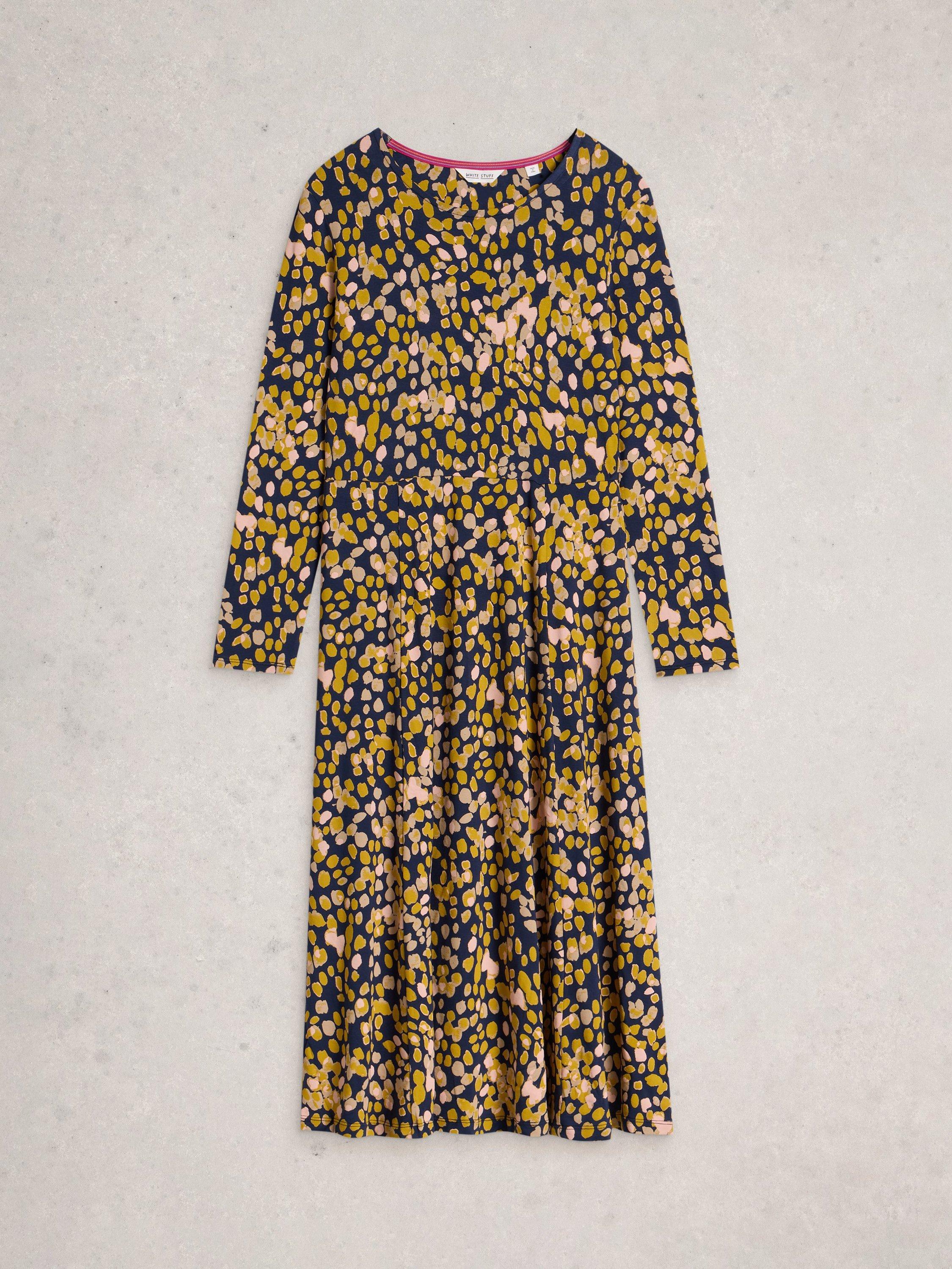 Product image 5 of 6, which shows White Stuff Madeline Cotton Blend Long Sleeved Knee Dress, Chartreuse/Multi, 6