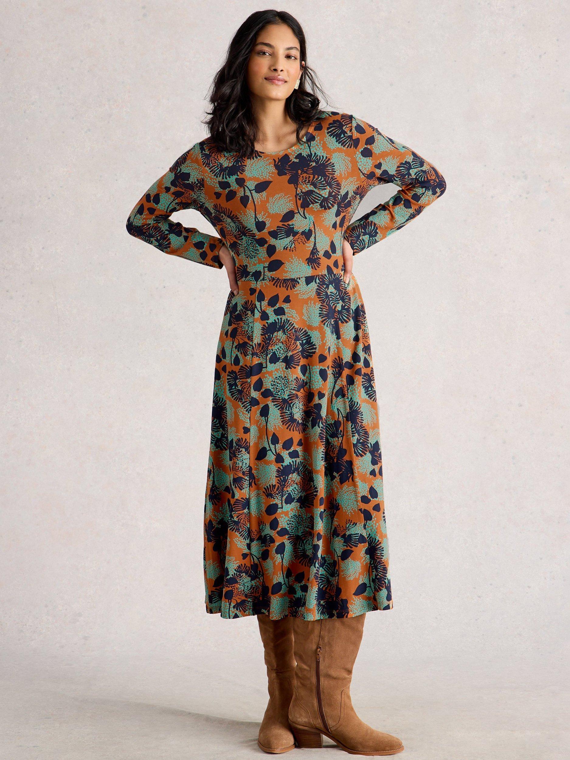 Product image 1 of 6, which shows White Stuff Madeline Floral Jersey Dress, Orange/Multi, 6