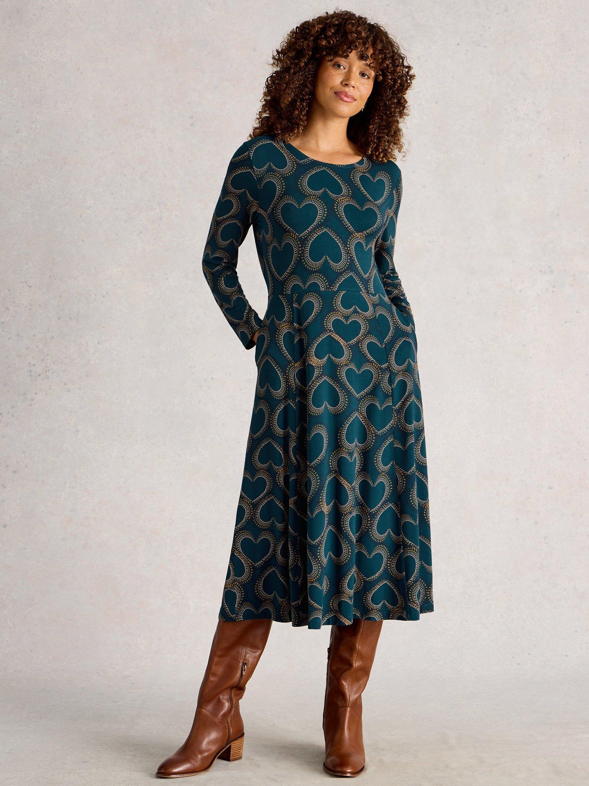 Product image 1 of 6, which shows White Stuff Madeline Heart Print Jersey Dress, Teal/Multi, 6
