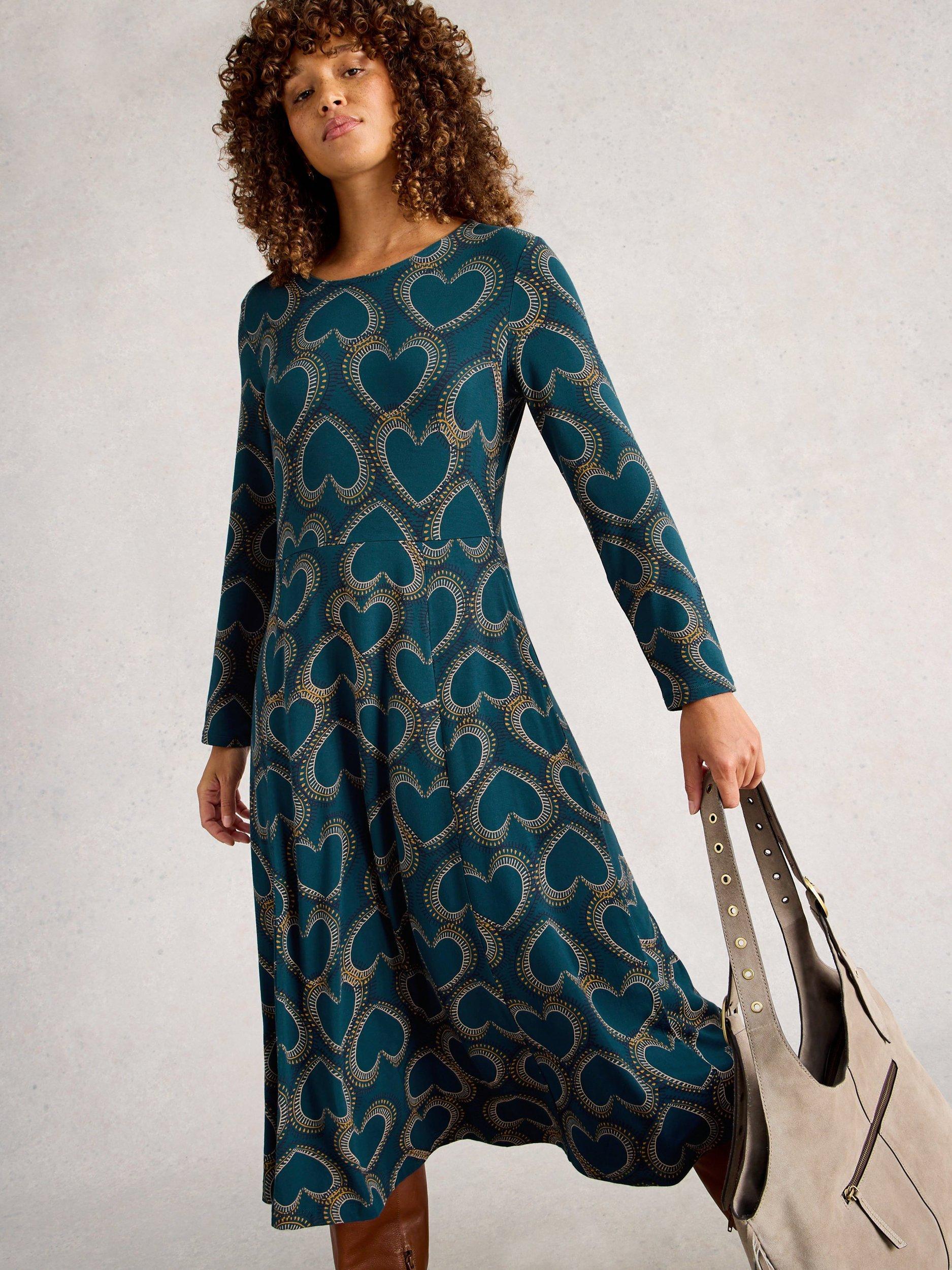 Product image 3 of 6, which shows White Stuff Madeline Heart Print Jersey Dress, Teal/Multi, 6