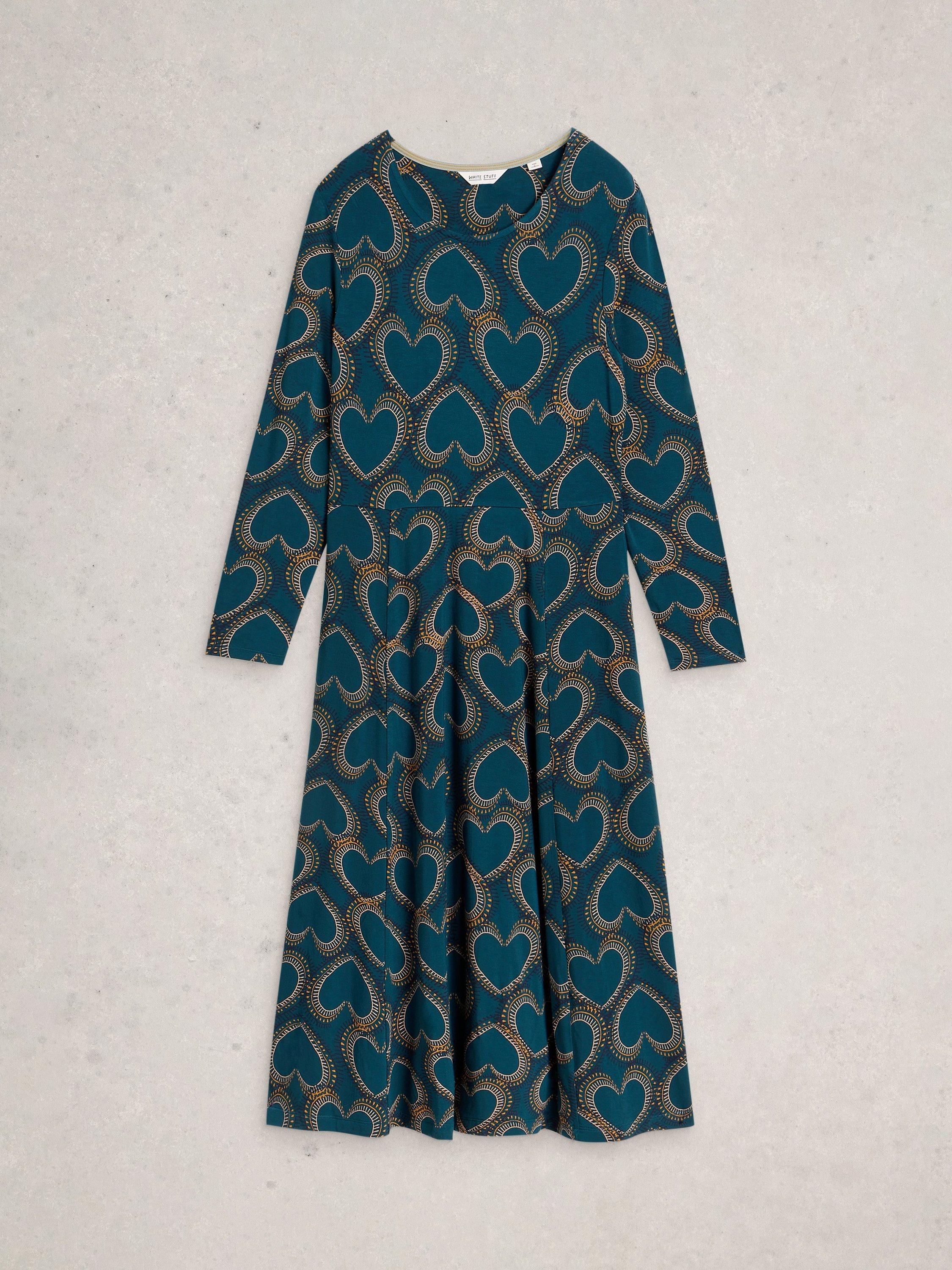 Product image 5 of 6, which shows White Stuff Madeline Heart Print Jersey Dress, Teal/Multi, 6