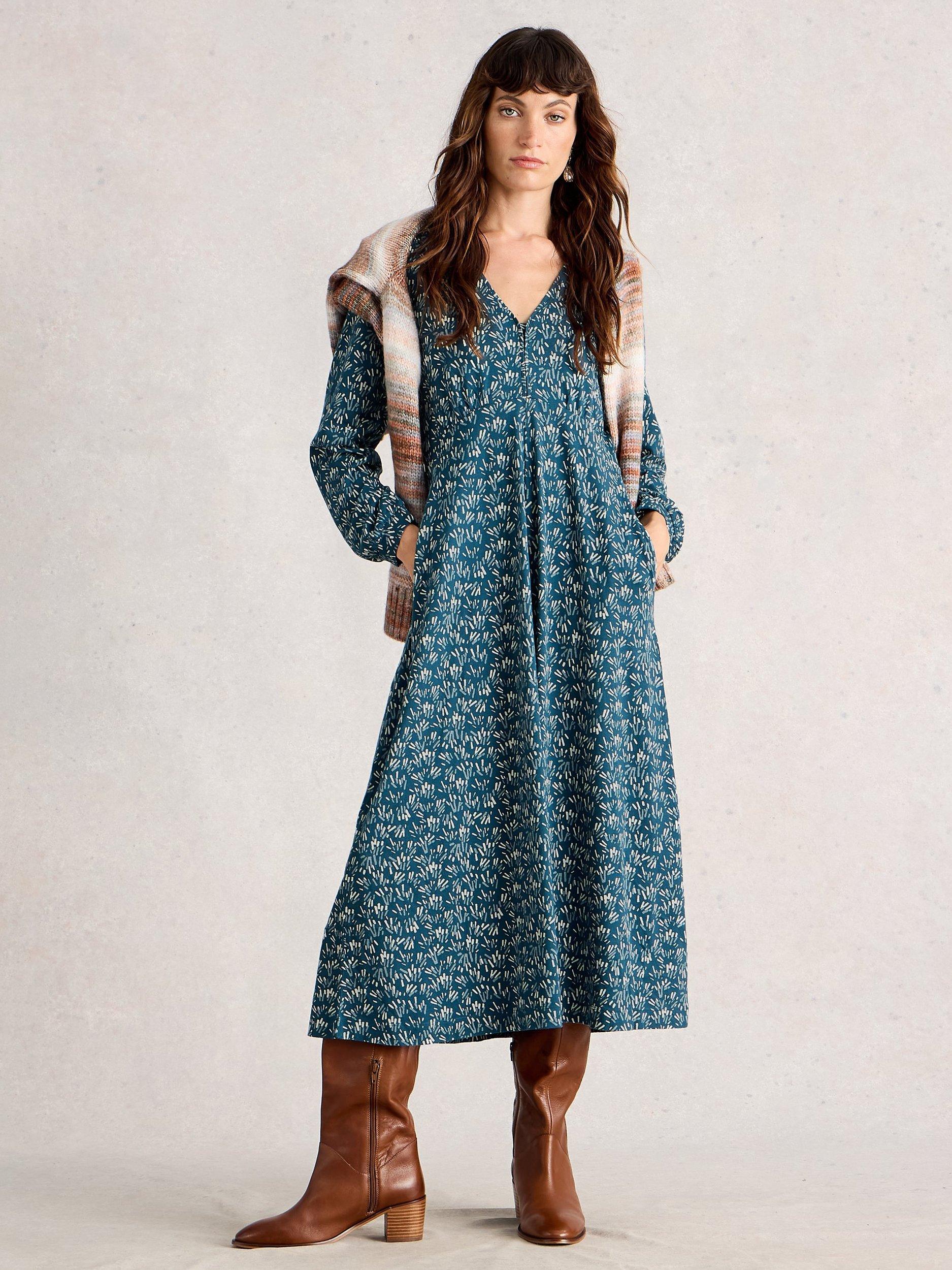 Product image 1 of 6, which shows White Stuff Megan Abstract Jersey Dress, Blue, 6