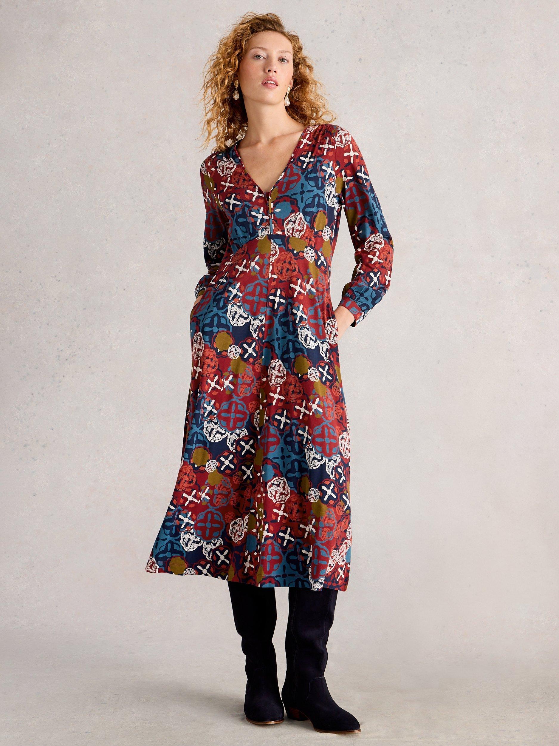 Product image 1 of 6, which shows White Stuff Megan Abstract Jersey Dress, Multi, 6