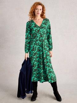 White Stuff Megan Cotton Blend Long Sleeve V Neck A Line Midi Dress, Green/Multi