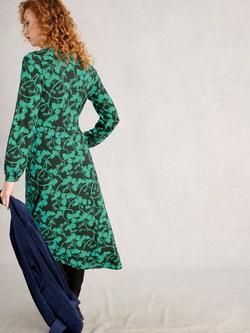 White Stuff Megan Cotton Blend Long Sleeve V Neck A Line Midi Dress - view 2, Green/Multi
