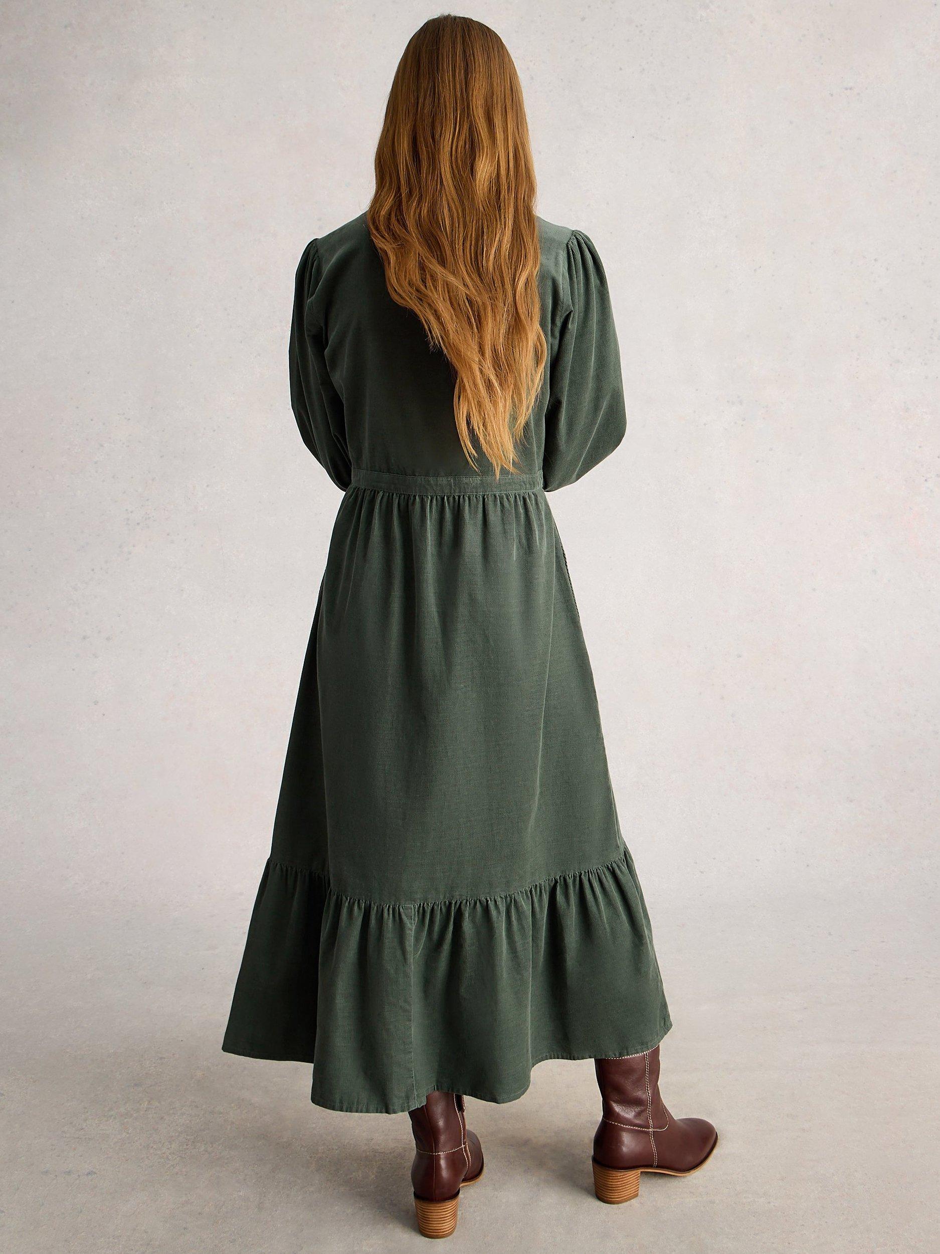 Product image 2 of 6, which shows White Stuff Phoebe Tiered Organic Cotton Midi Dress, Dus Green, 6