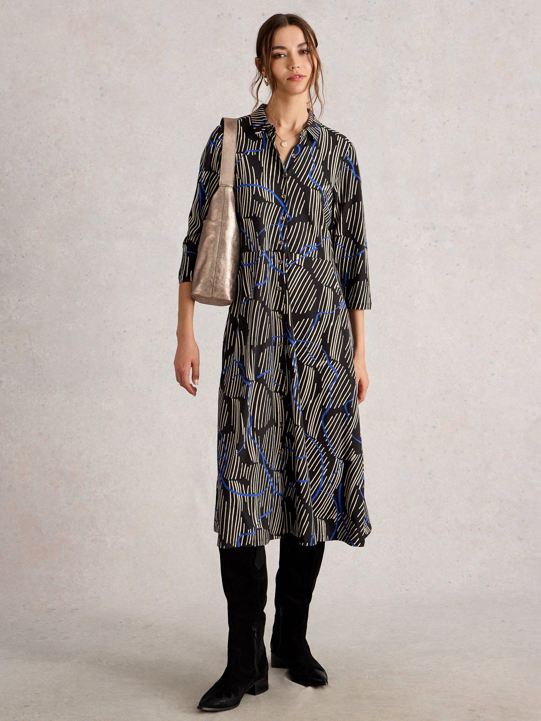 Product image 1 of 6, which shows White Stuff Rua Abstract Stripe Jersey Shirt Dress, Black/Multi, 6