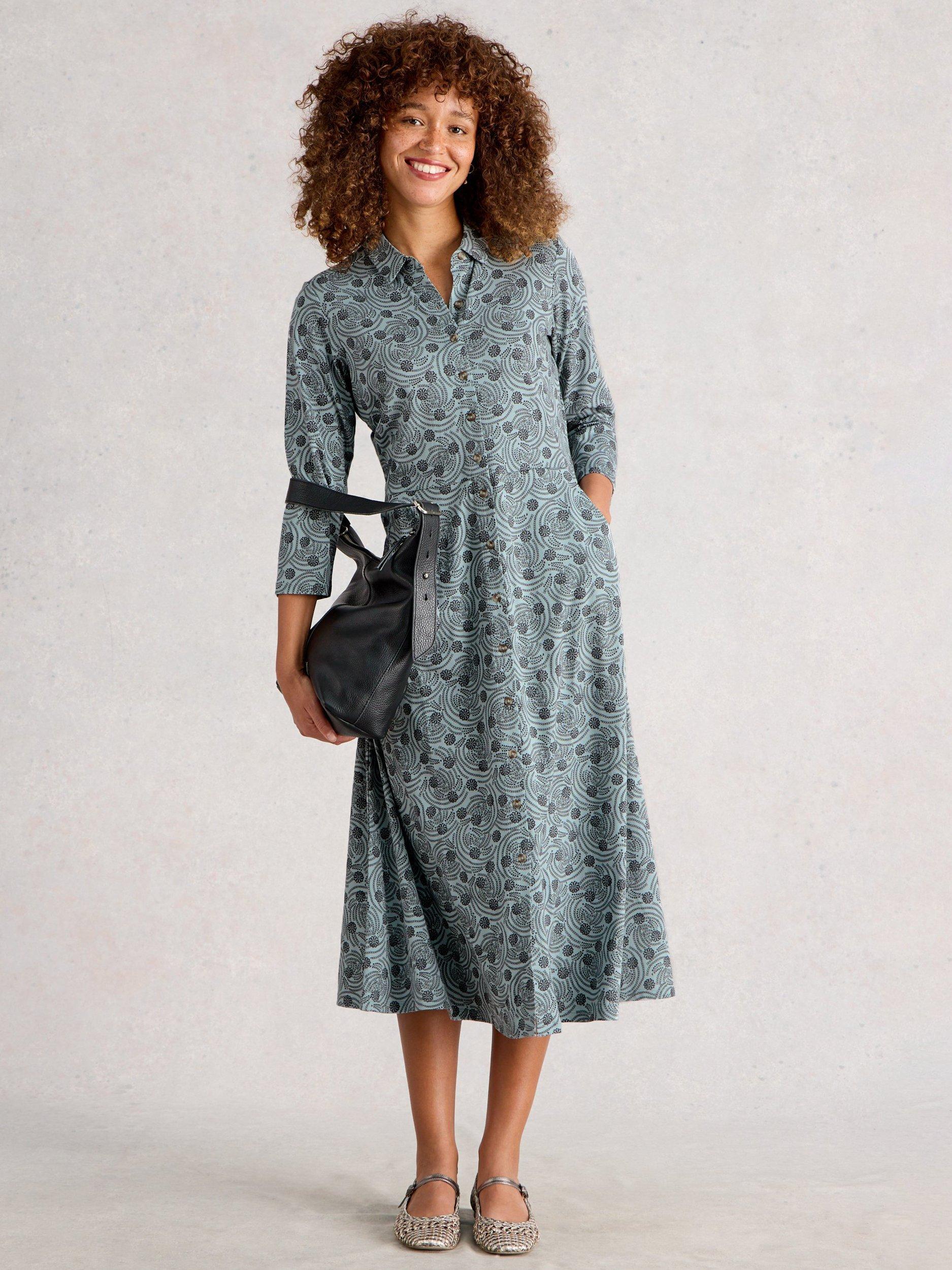 Product image 1 of 6, which shows White Stuff Rua Cotton Blend Abstract Print Midi Dress, Blue/Multi, 6