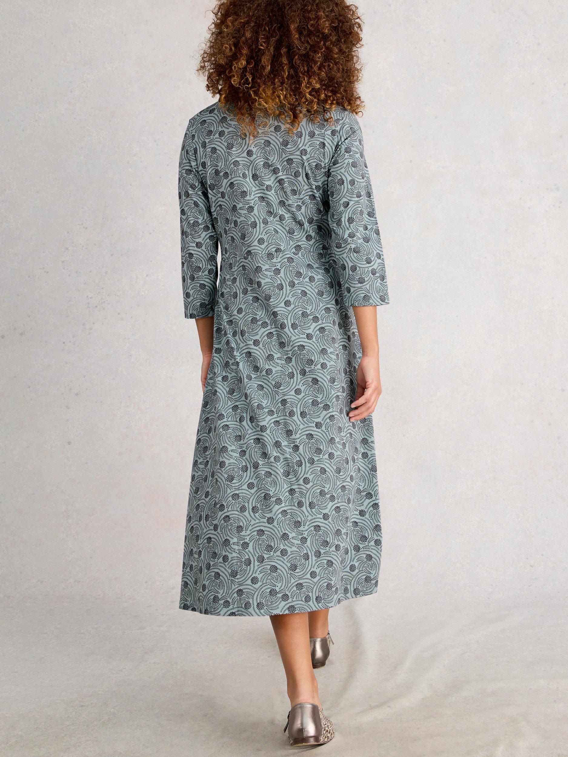 Product image 2 of 6, which shows White Stuff Rua Cotton Blend Abstract Print Midi Dress, Blue/Multi, 6
