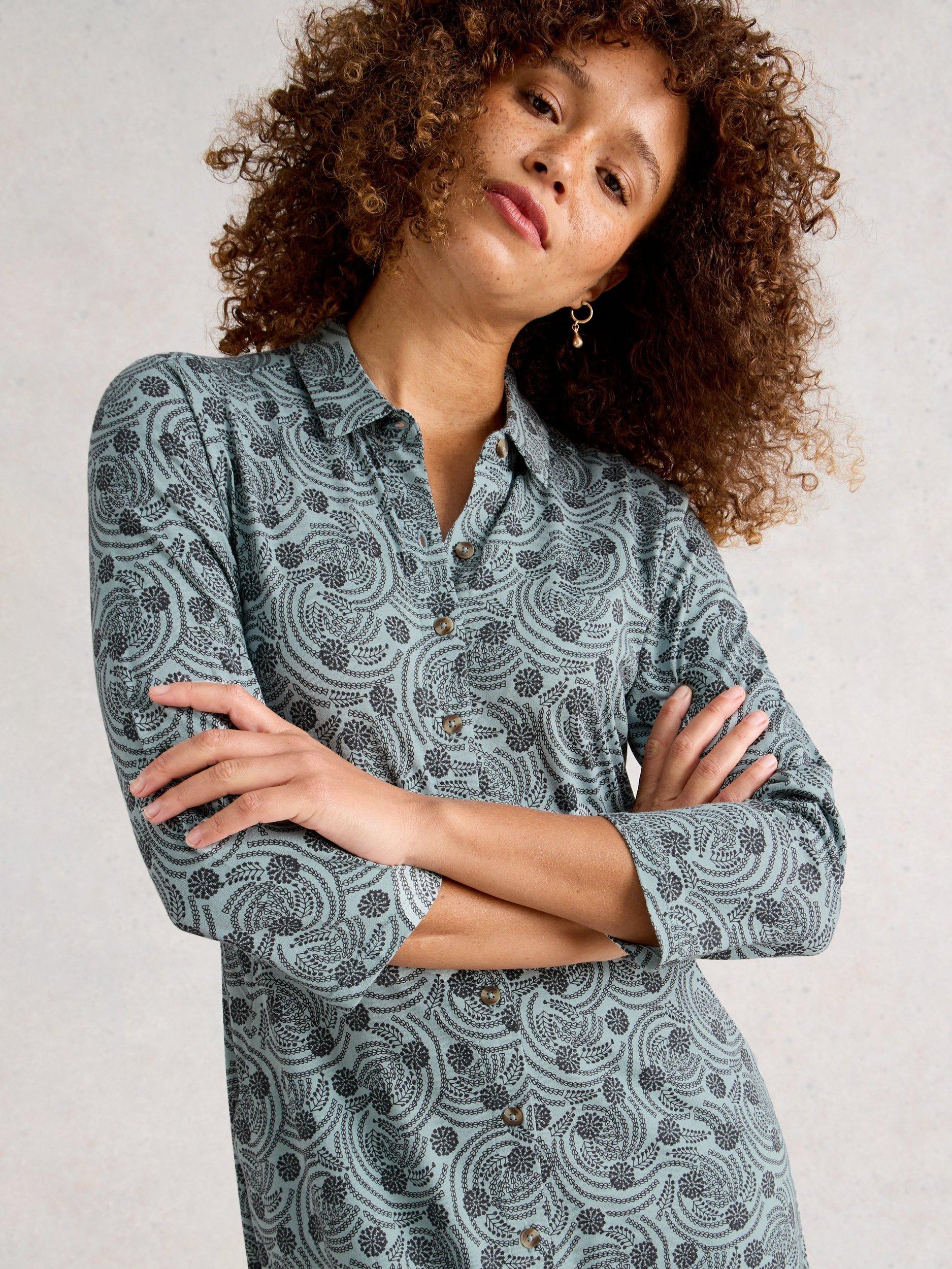 Product image 4 of 6, which shows White Stuff Rua Cotton Blend Abstract Print Midi Dress, Blue/Multi, 6