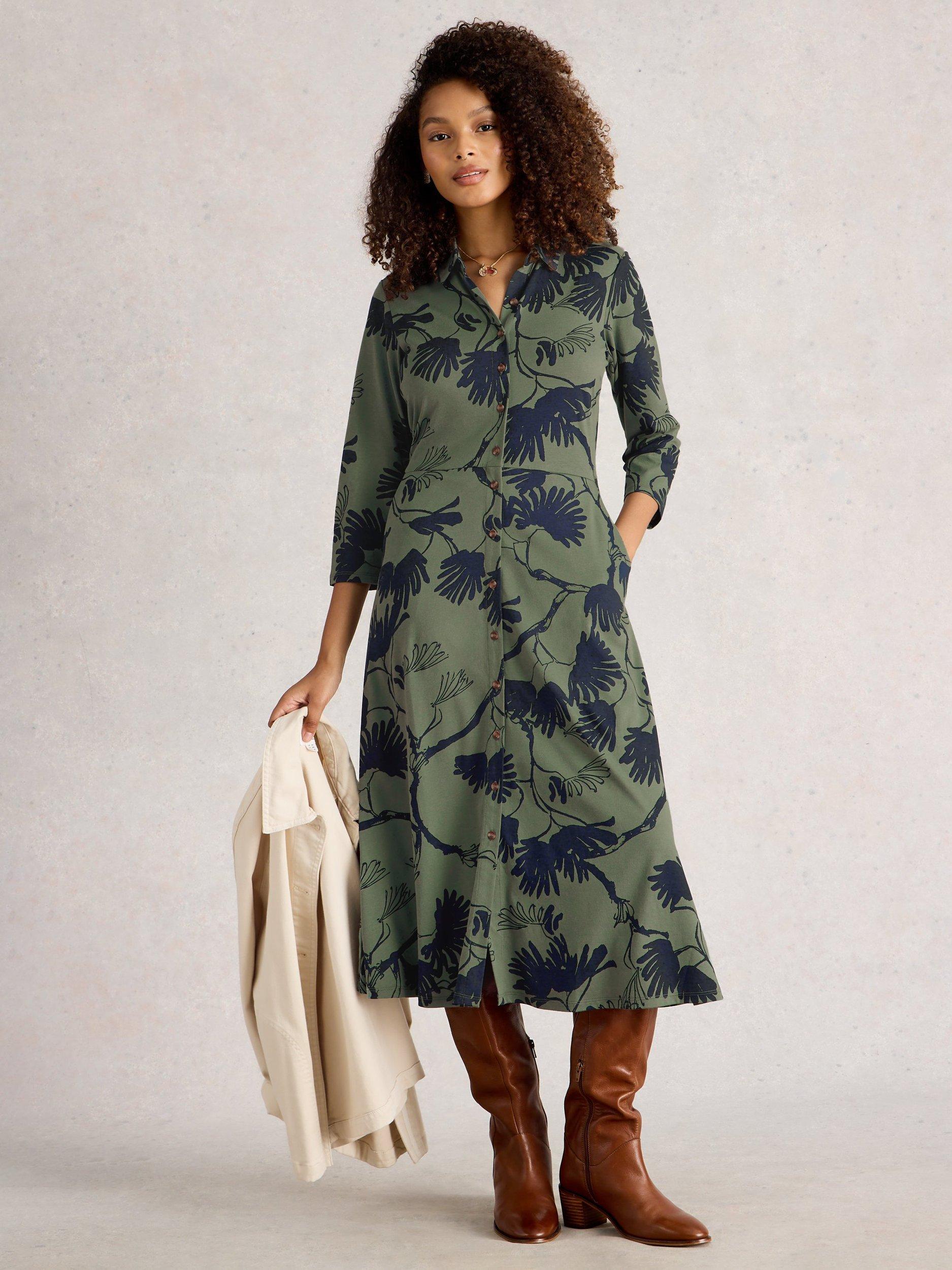 Product image 1 of 6, which shows White Stuff Rua Leaves Jersey Shirt Dress, Green/Multi, 6